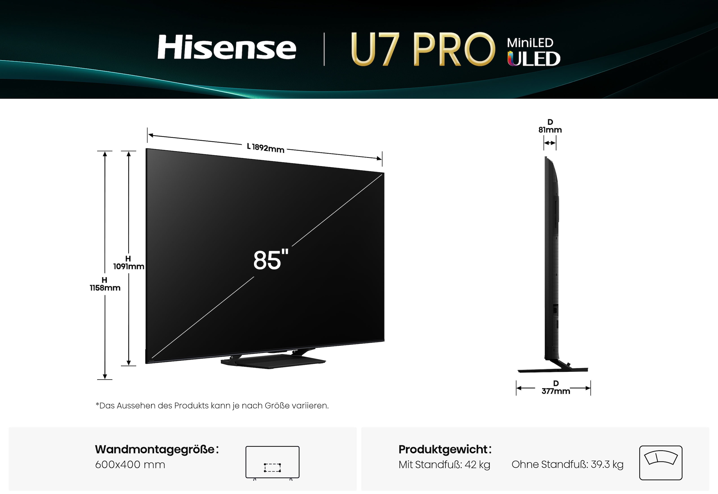 Hisense QLED Mini LED-Fernseher »85U7Q PRO« 215 cm/85 ″ Smart-TV 4K UHD MiniLED Smart TV