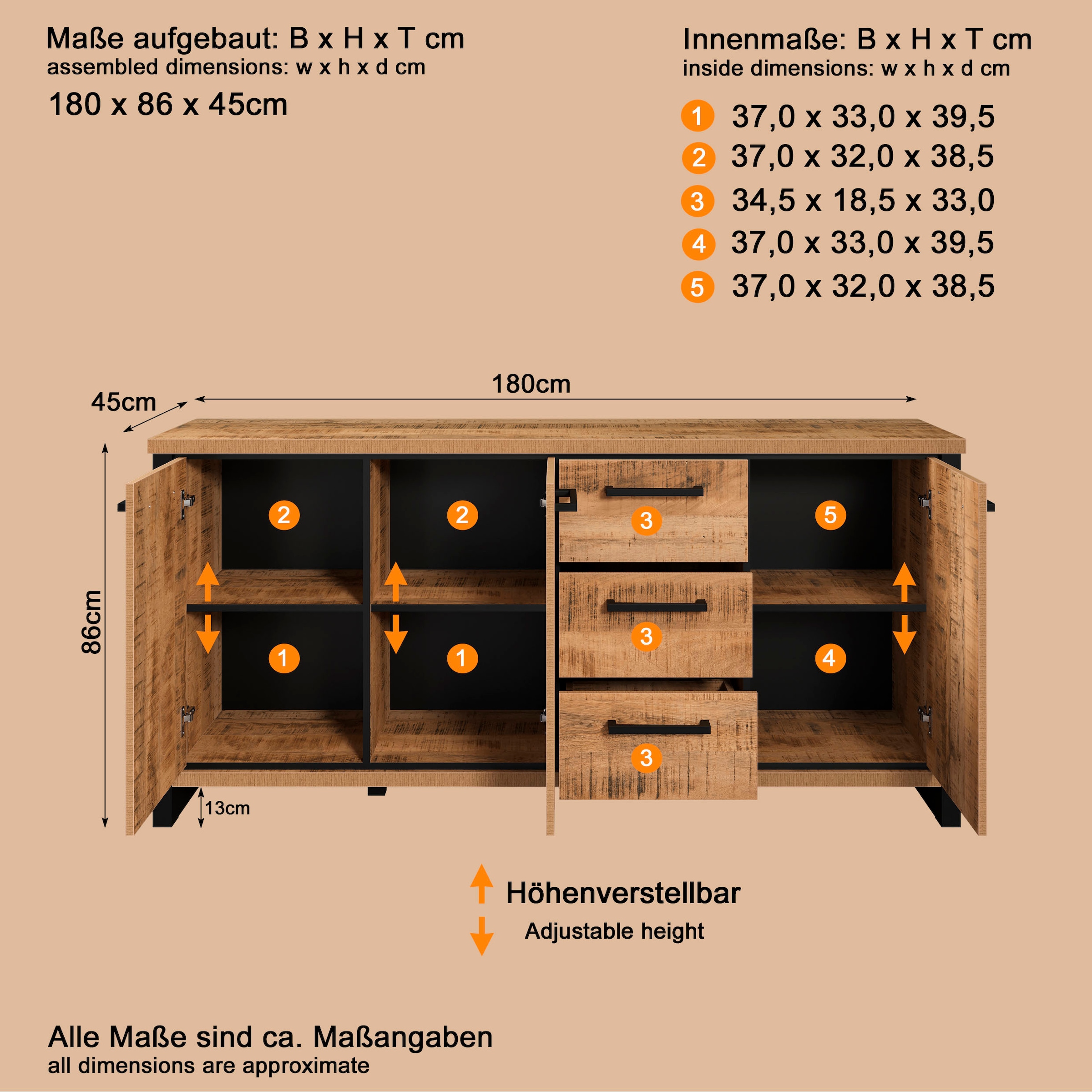 Home affaire Sideboard »Elda« 1 Stk. tlg. Sideboard mit 3 Türen & 3 Vollauszug Schubladen – (B/T/H) 180/45/86 cm