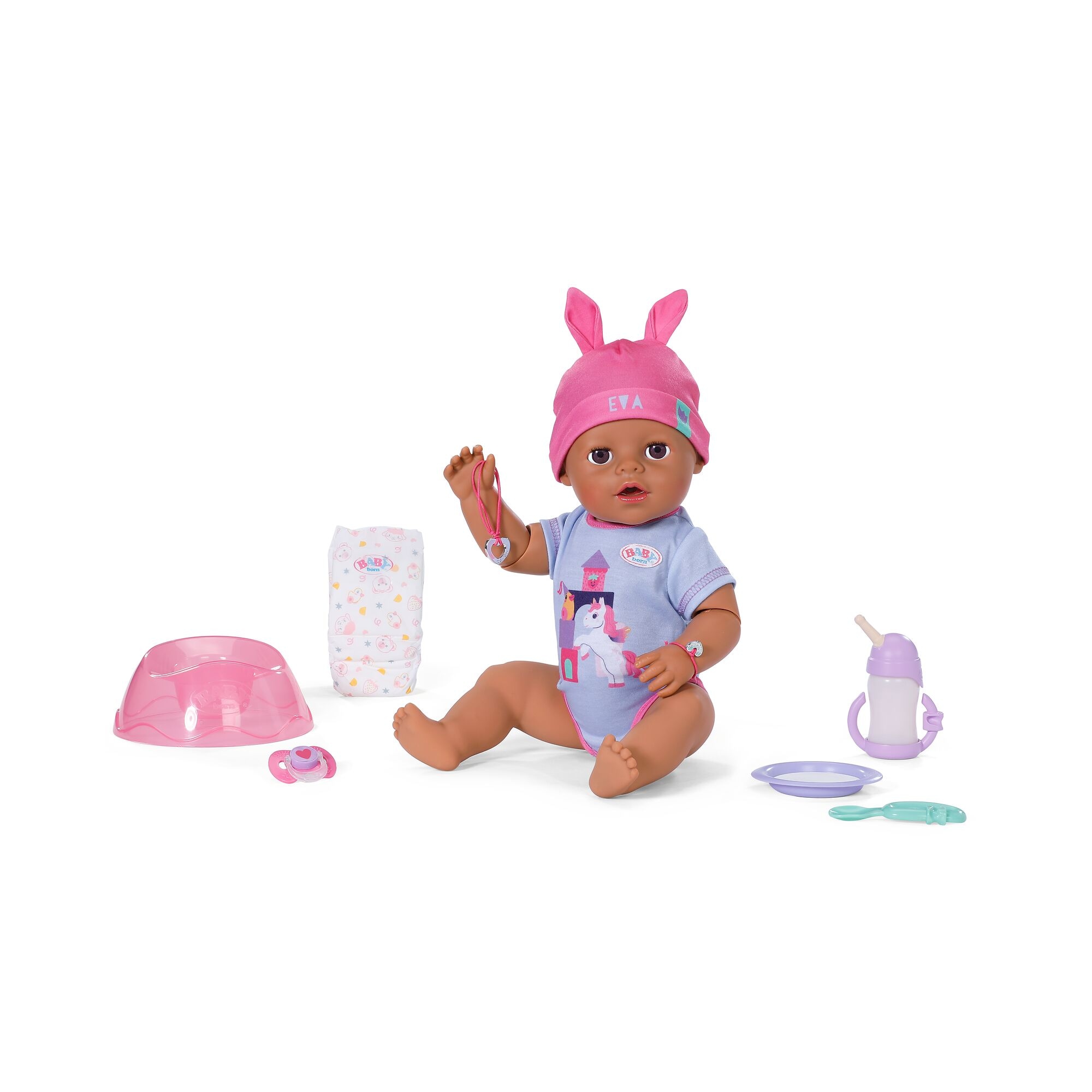 Baby Born Babypuppe »Eva Click & Play 43 cm« mit Click-&-Play: Hält Fläschchen und Löffel selbst - ohne Batterien