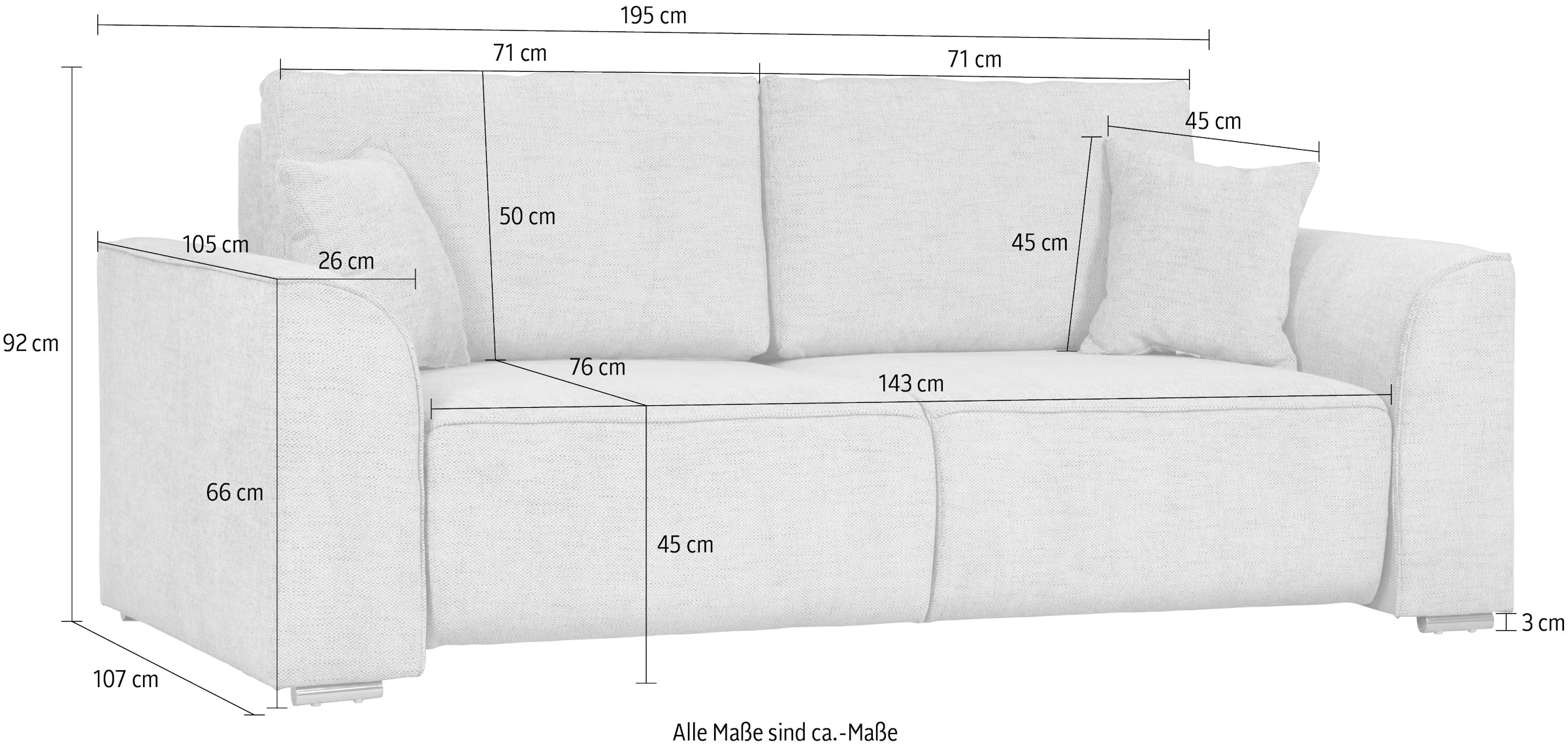 INOSIGN 2-Sitzer »BEATRICE, erhältlich in trendigen Stoffoptionen, B/T/H: 143/73/92 cm«, In hochwertiger Verarbeitung, incl. 2 großen Zierkissen in Korpusfarbe