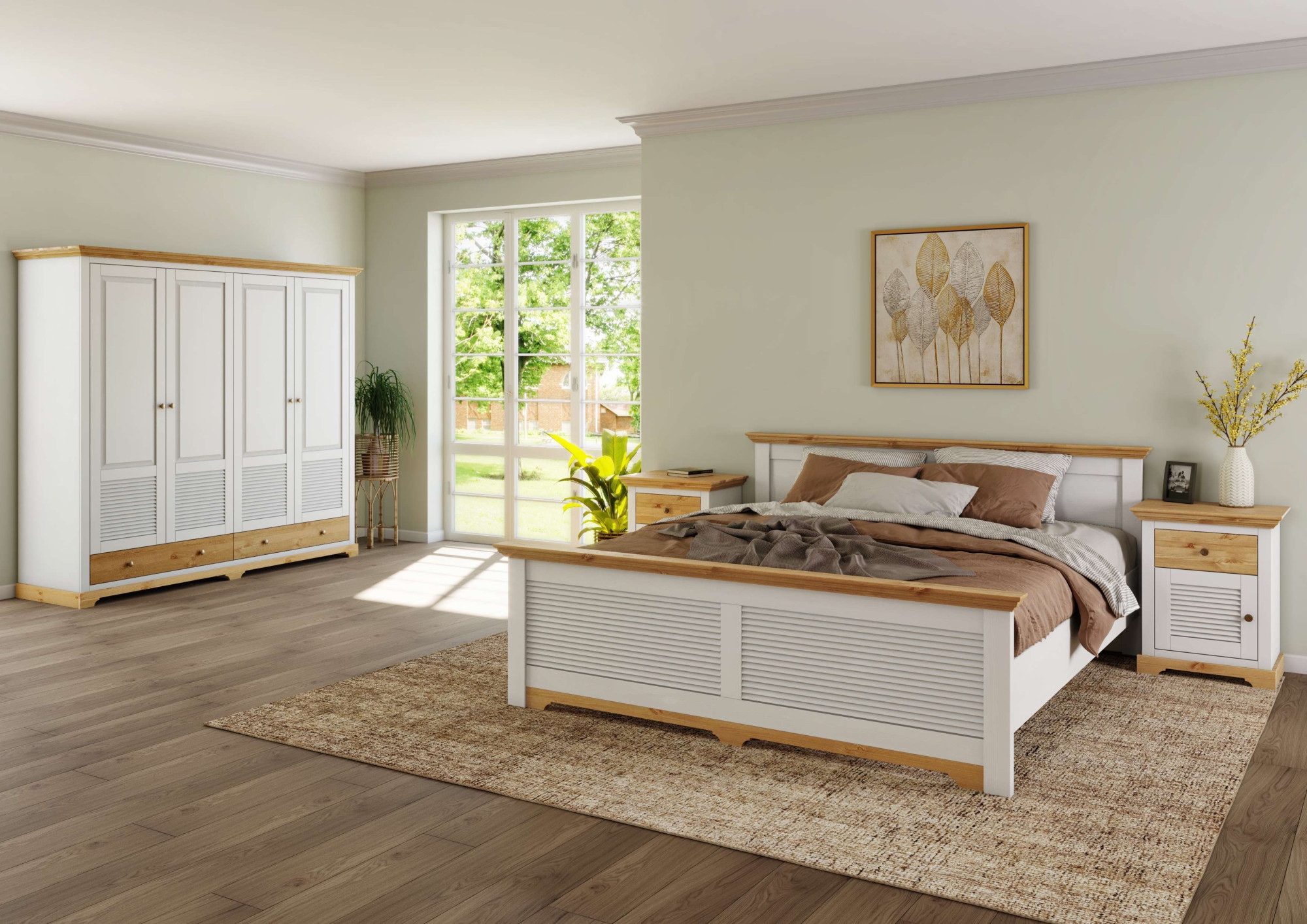 Home affaire Bett »Rauna, Landhausstil, edles Design mit Lamellen und Kassetten, 2 Farben«, (Breite/Belastbarkeit 180cm=220 KG, 90cm=120KG), FSC® zertifiziertes Kieferholz, massive Qualität mit Lattenrost