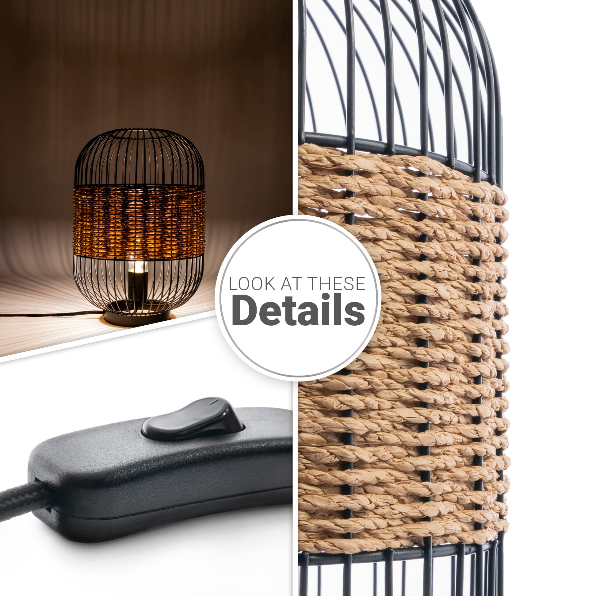 Paco Home Tischleuchte »PUCA« E27 Käfig  Papier Nachttisch Lampe Metall E27 Vintage Boho