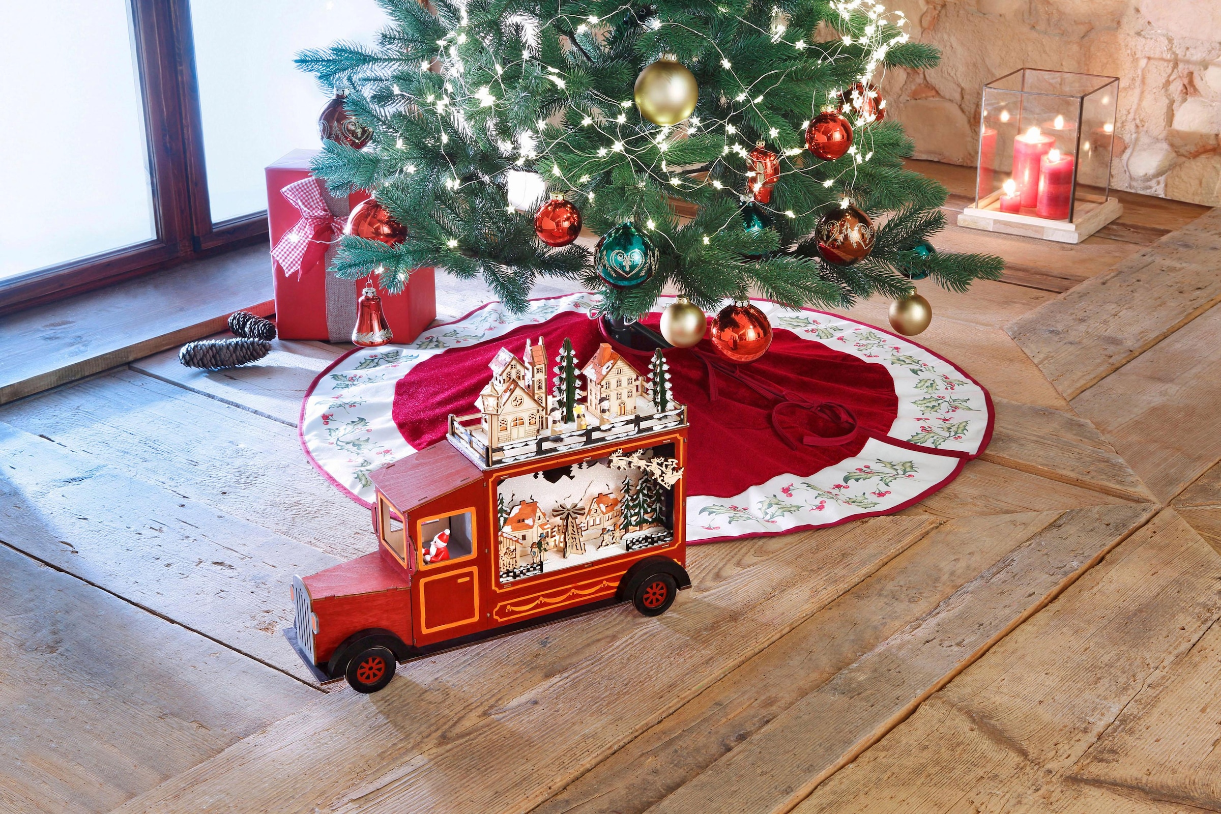 my home Weihnachtsbaumdecke »Blätter, Weihnachtsdeko rot, Christbaumschmuck«,  mit breiter Bordüre im weihnachtlichen Design | Weihnachtsbaumdecken