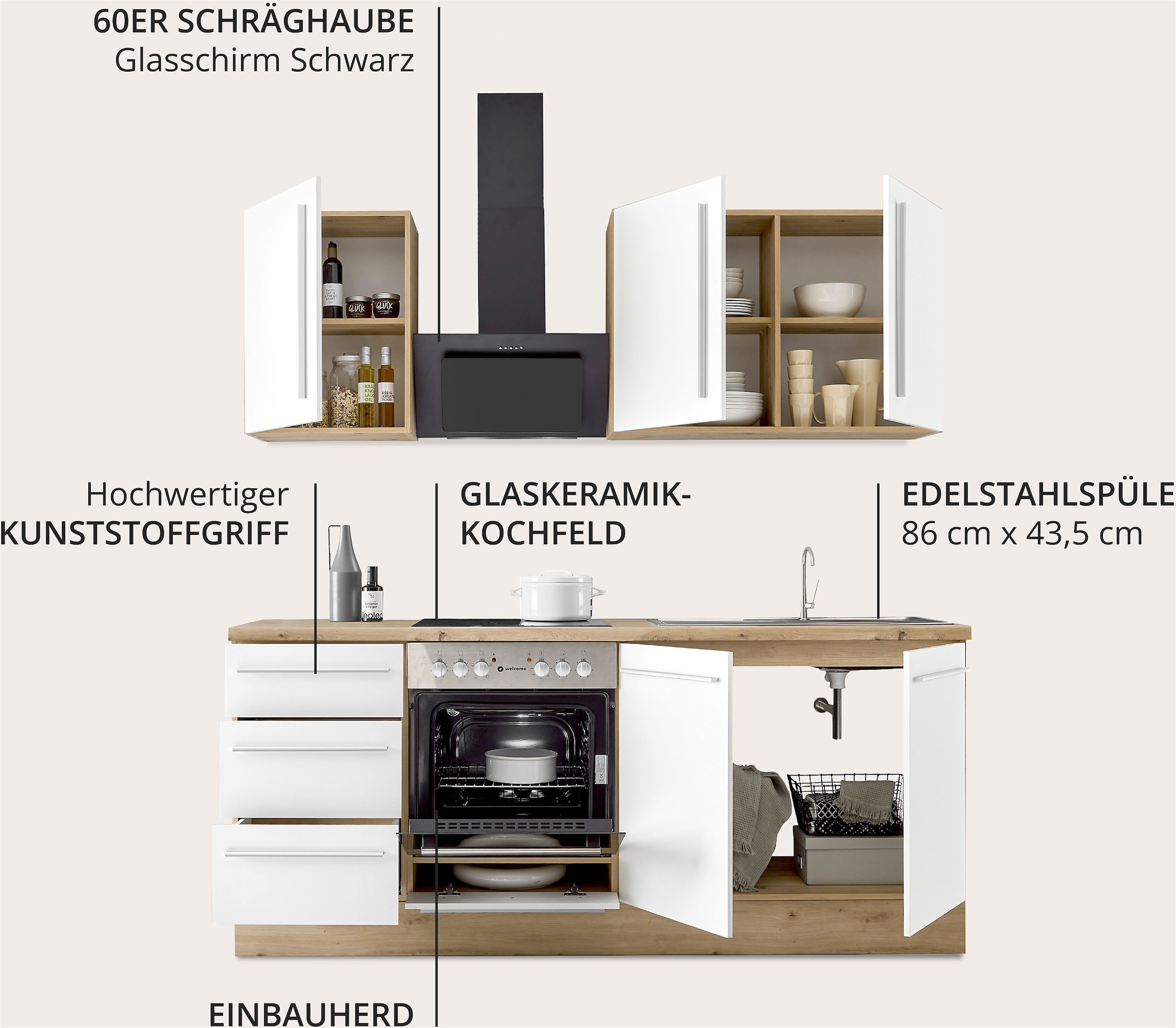 KOCHSTATION Küchenzeile »KS-Florida mit 38mm starker Arbeitsplatte«, Breite 210 cm, wahlweise mit E-Geräten, Soft-Close-Funktion