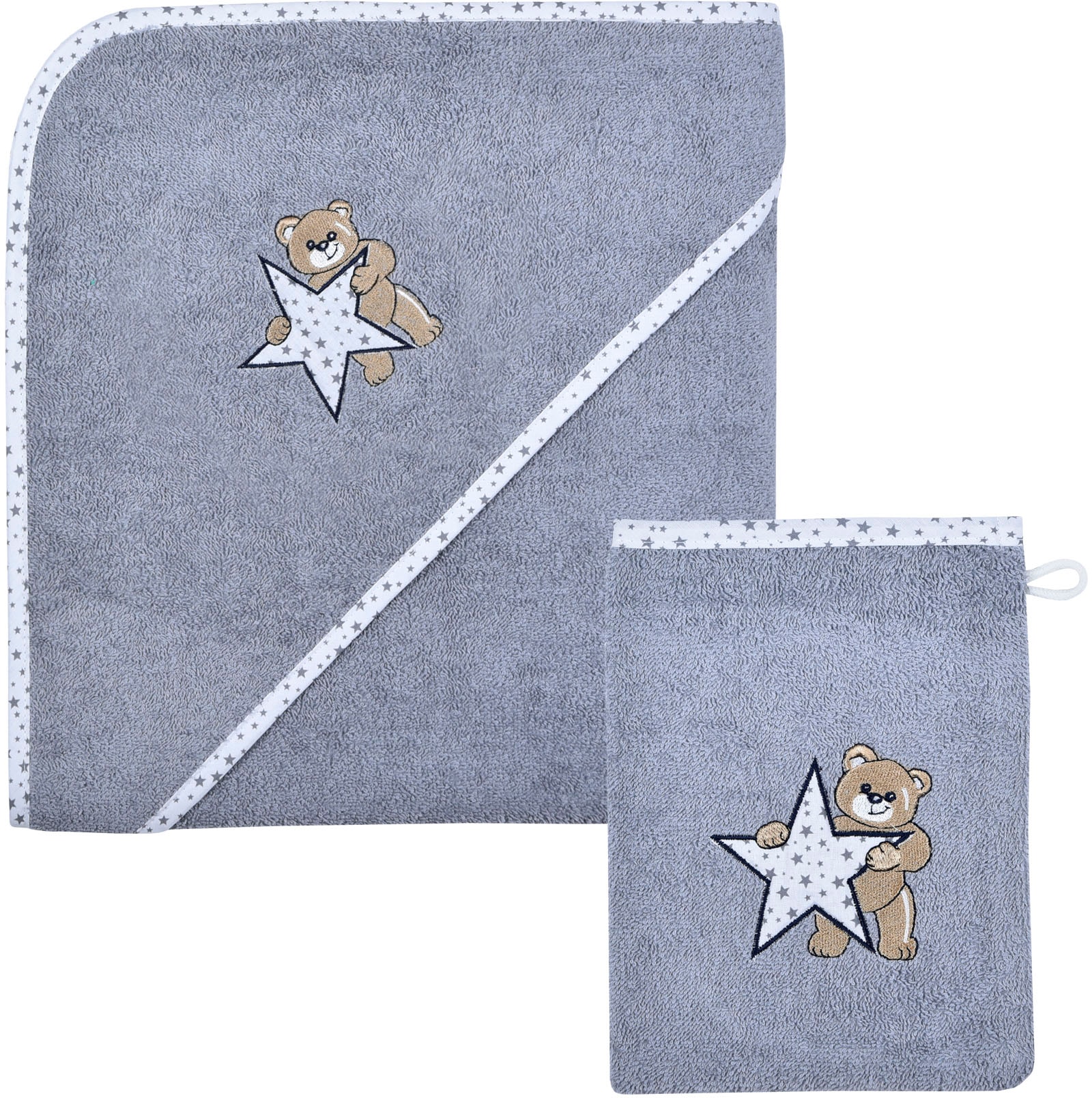 Wörner Handtuch Set "Teddy/Stern Kapuzenbadetuch 100/100 mit Waschhandschuh" mit süßer Teddystickerei