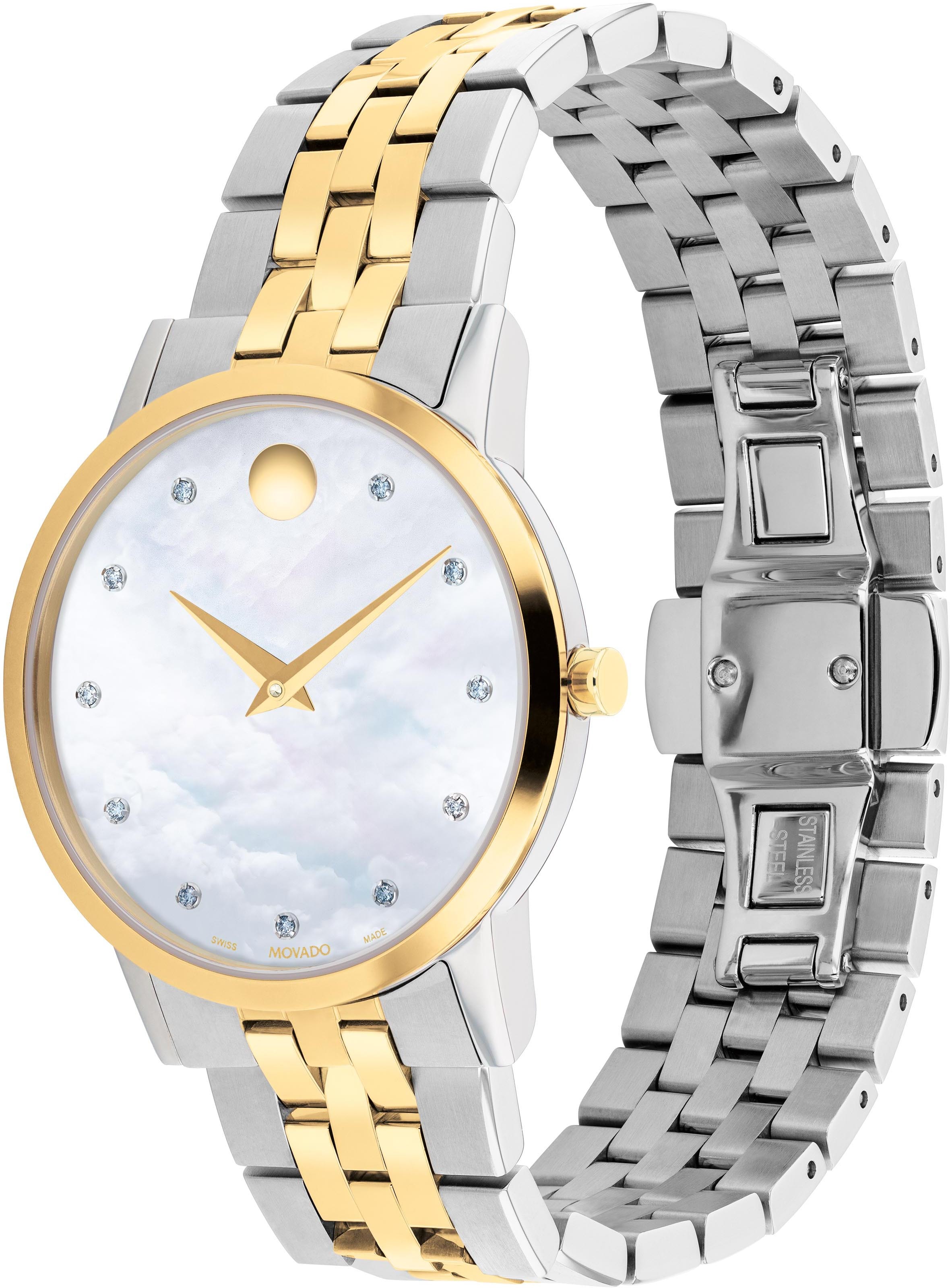 MOVADO Schweizer Uhr »MUSEUM, 0607630«, Quarzuhr, Armbanduhr, Damenuhr, Swiss Made, Diamant-Steine, Perlmutt