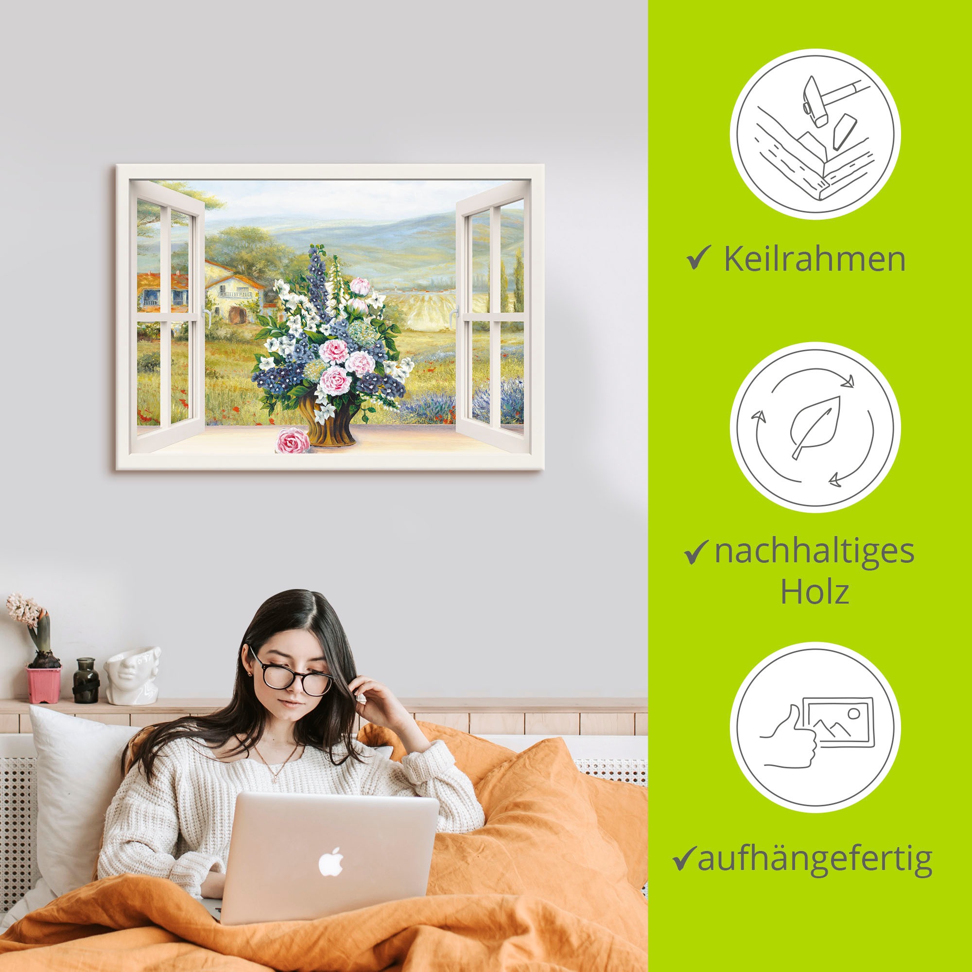 Artland Leinwandbild »Blumenbouquet am weißen Fenster«, Arrangements, (1 St.), auf Keilrahmen gespannt
