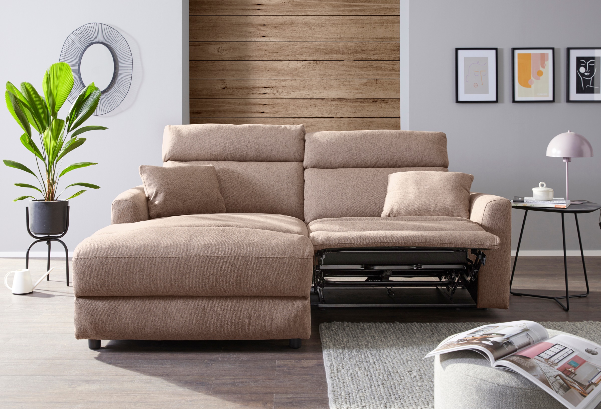 INOSIGN Ecksofa »JENNA, L-Form, 209cm, manuelle u. elektrische Funktion, mit USB A/C,«, Liegefunktion 105°-150°, Federkern, Struktur fein