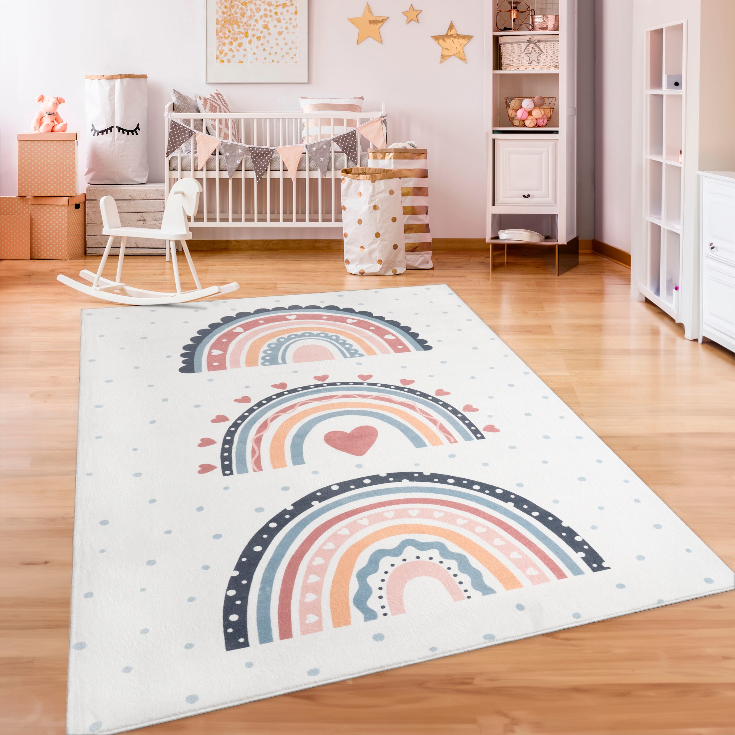 Paco Home "Eliz 392" rechteckig 12 mm Höhe Kurzflor, Spielteppich, Patchwork-Muster, Motiv Punkte & Regenbogen