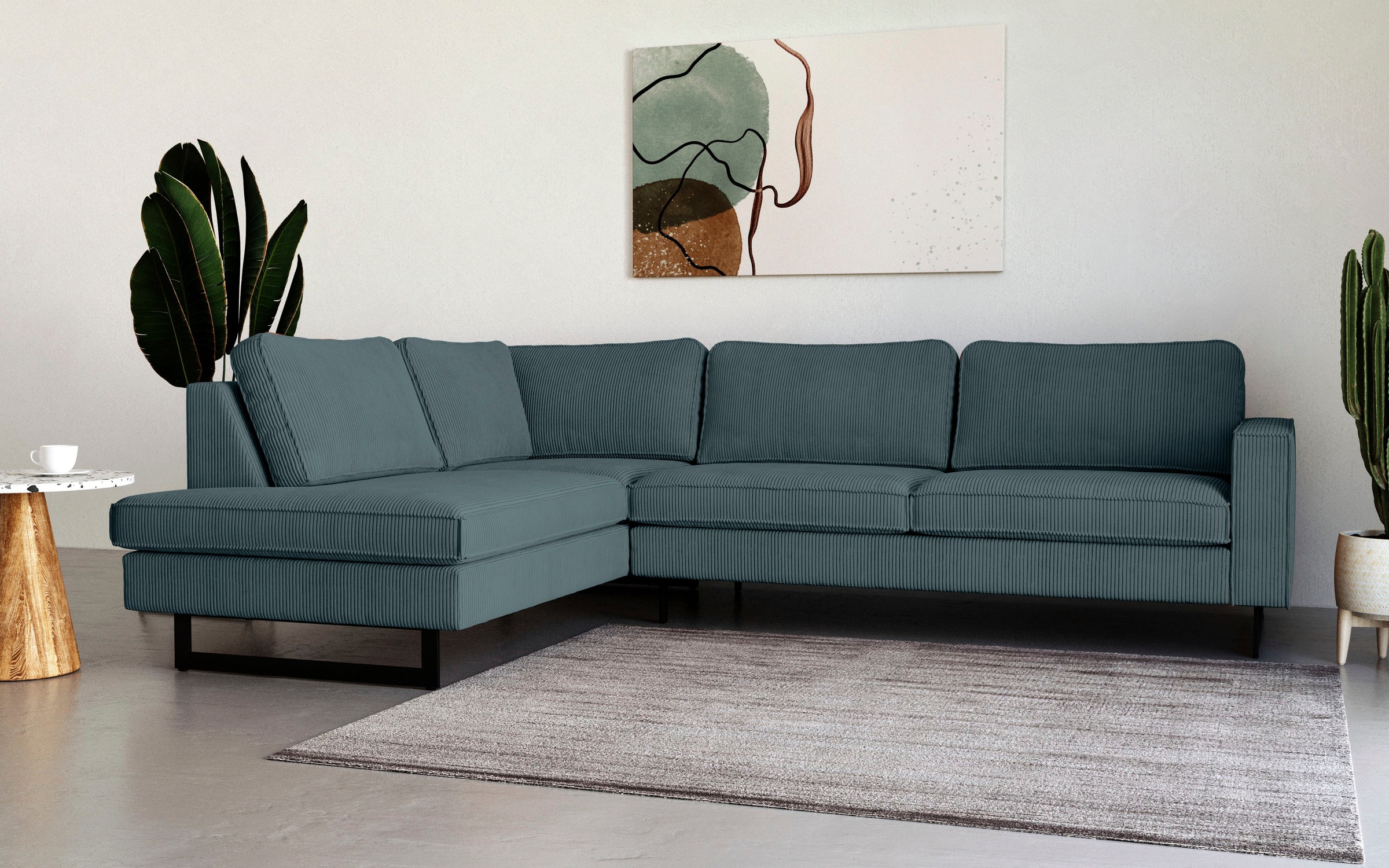 Places of Style Ecksofa »Pinto, 290 cm, Cord, Chenille, Lederoptik, Ottomane links / rechts«, mit Keder, schwarze Metallfüße, Wellenunterfederung