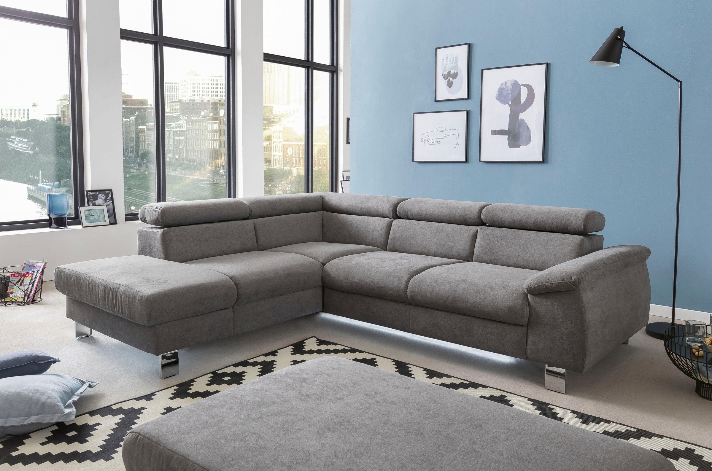 COTTA Ecksofa »Komaris L-Form mit Kopfteilverstellung«, wahlweise mit Bettfunktion, Bettkasten & Beleuchtung