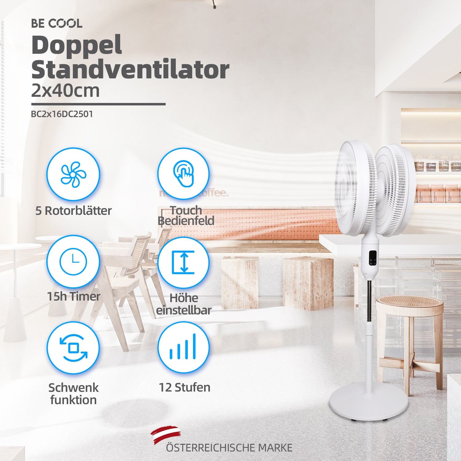 be cool Standventilator »Doppelstandventilator 2x45cm«, zwei Ventilatorenköpfe, 12-stufig, Fernbedienung