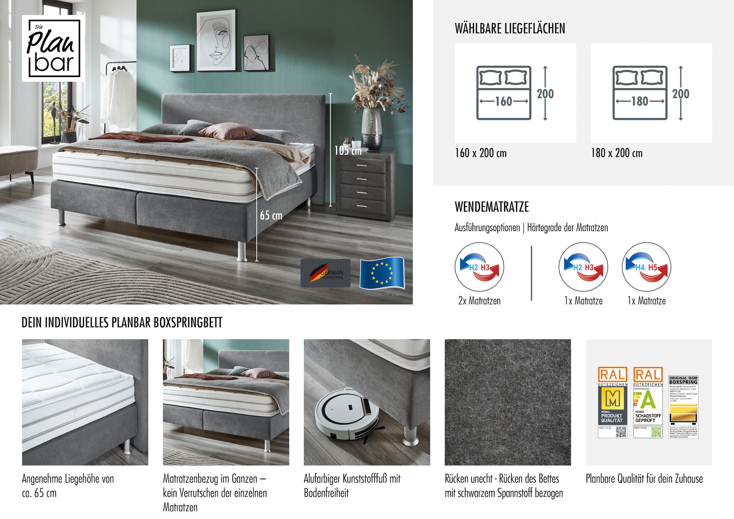 Die PlanBar Boxspringbett »OC-ON23148« inkl. Wendematratzen u. Bonellfederkern Unterbau, 160/180x200cm
