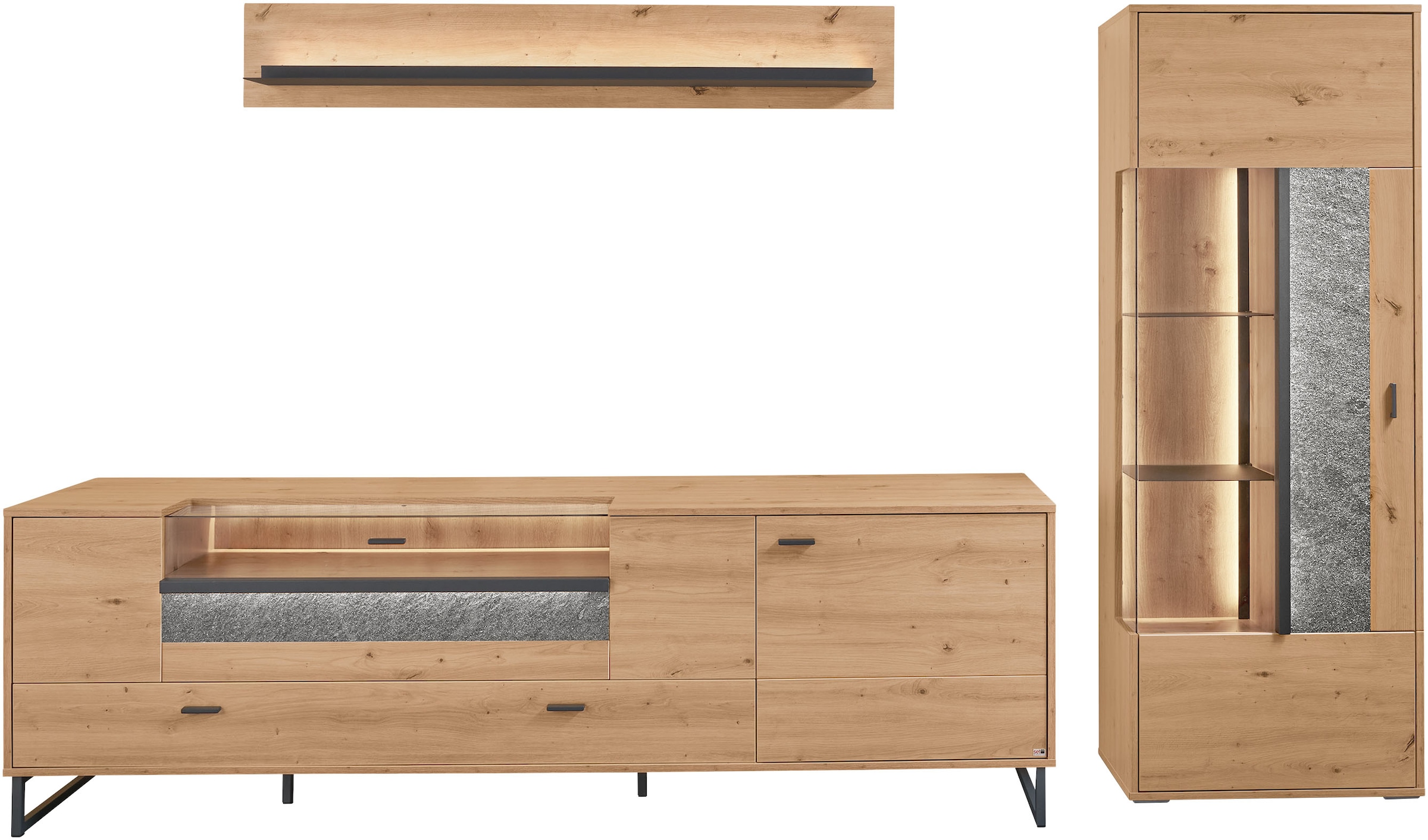 set one by Musterring TV-Wand »Deltona«, (3 St.), Zierelemente aus Sandstein, inkl. Beleuchtung, Gesamtbreite ca. 287 cm