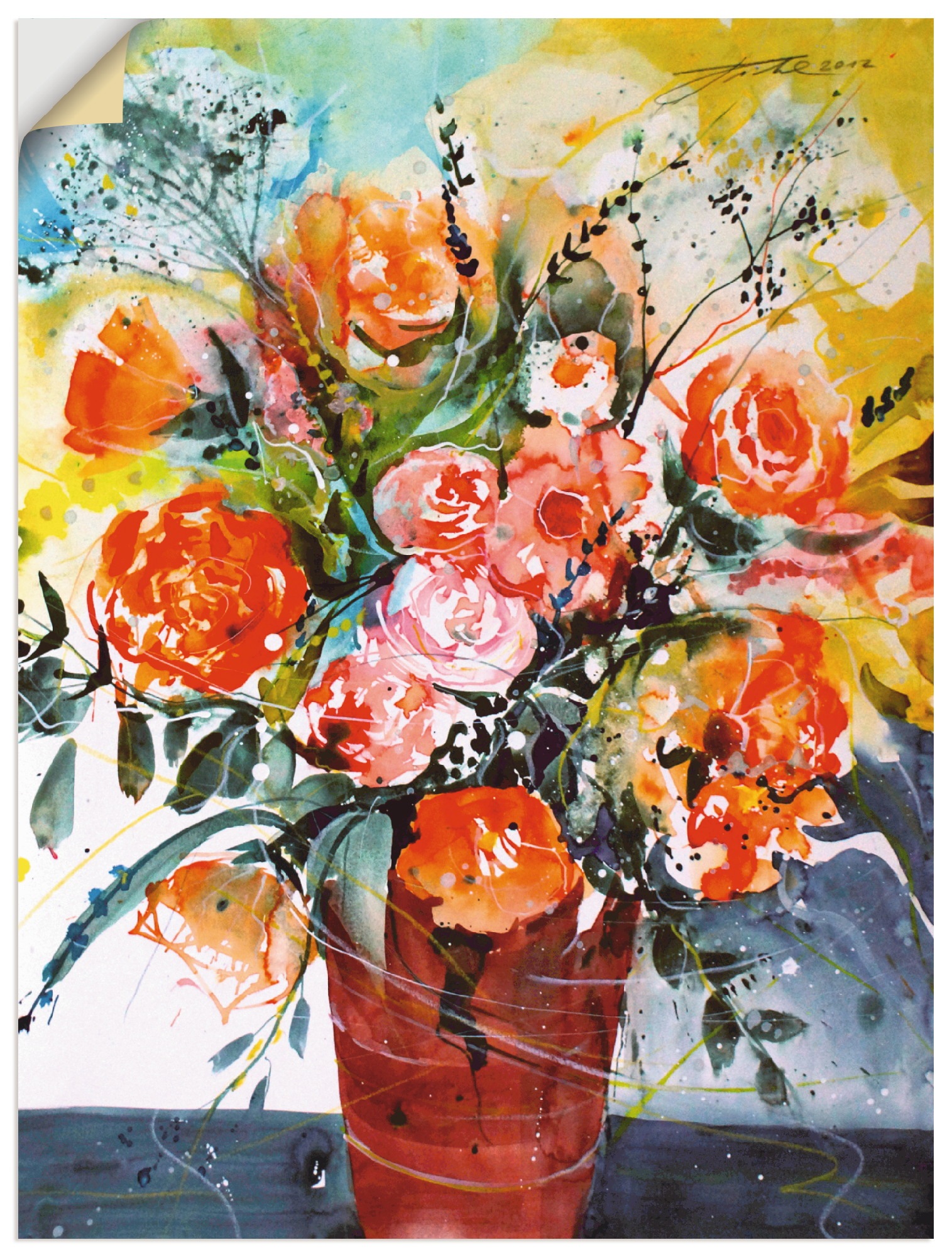 Artland Wandbild brauner Poster »Rosen auf Größen versch. Leinwandbild, Rechnung St.), Vase«, (1 Alubild, Wandaufkleber kaufen Blumen, in oder als in