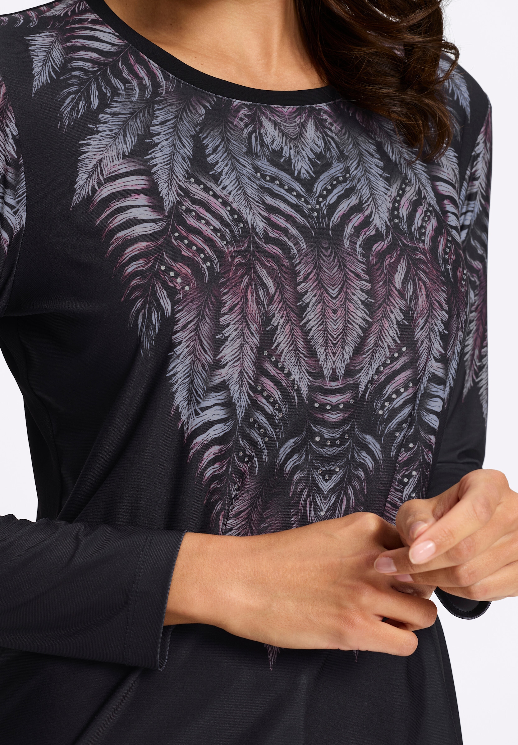 Witt T-Shirt »Rundhals-Shirt Langarmshirt mit Blättermotiv und Glitzersteinchen«
