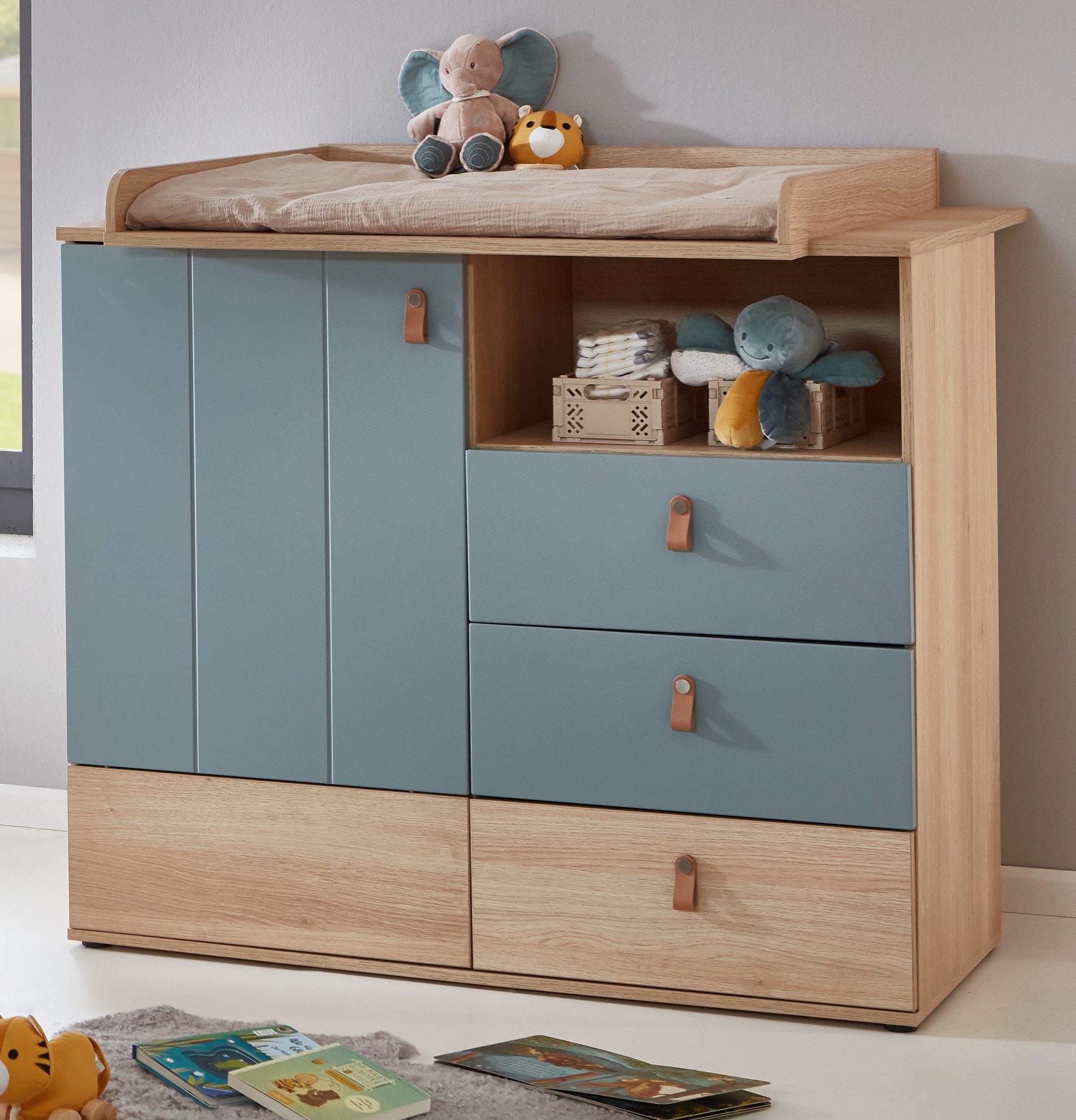 arthur berndt Babyzimmer-Komplettset »Babyzimmer-Set »Roofy« 3-teilig mit 2-türigem Kleiderschrank«, (Set, 3 tlg., Babymöbel-Set »Roofy« Kleiderschrank,Kinderbett+Wickelkommode)