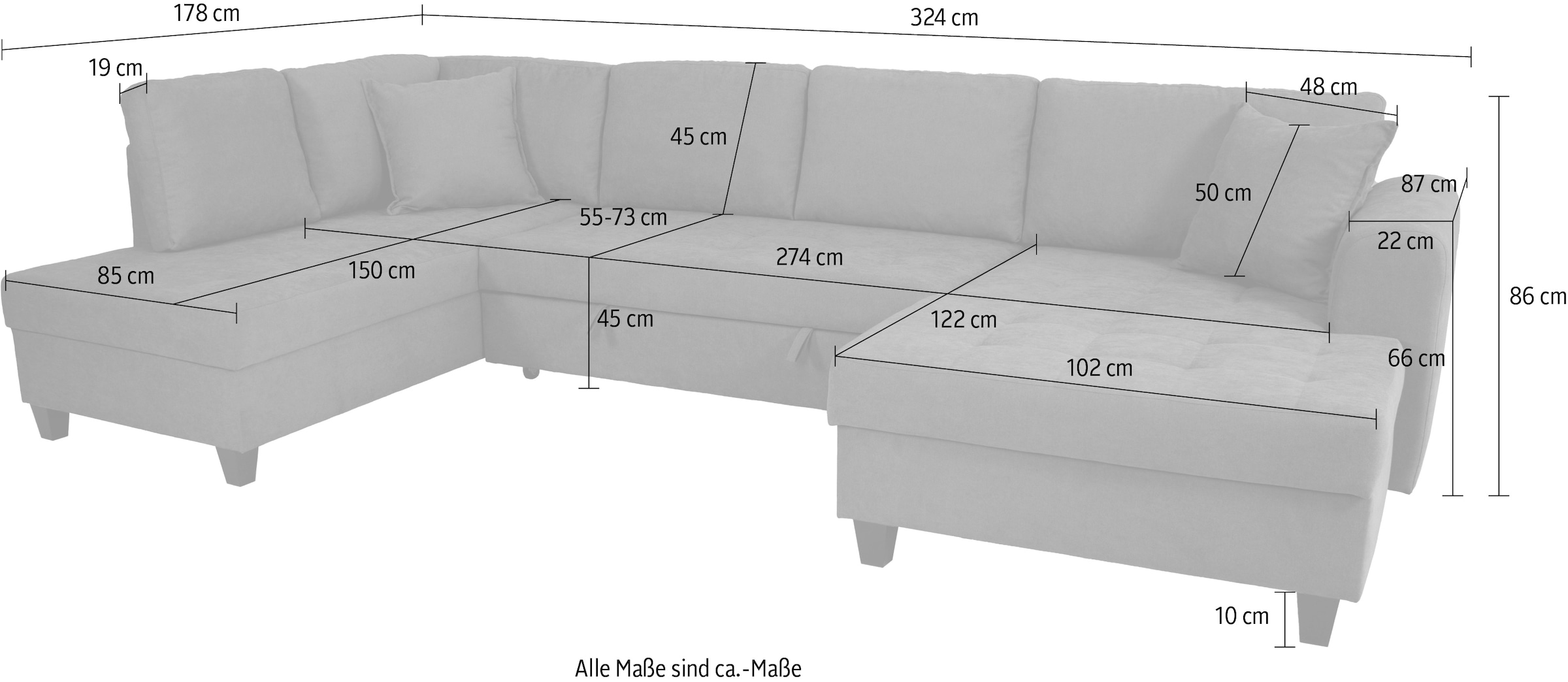 Trends by HG Wohnlandschaft »Moritz, U-Form« inkl. Bettfunktion und Bettkasten, inkl. 2 Zierkissen