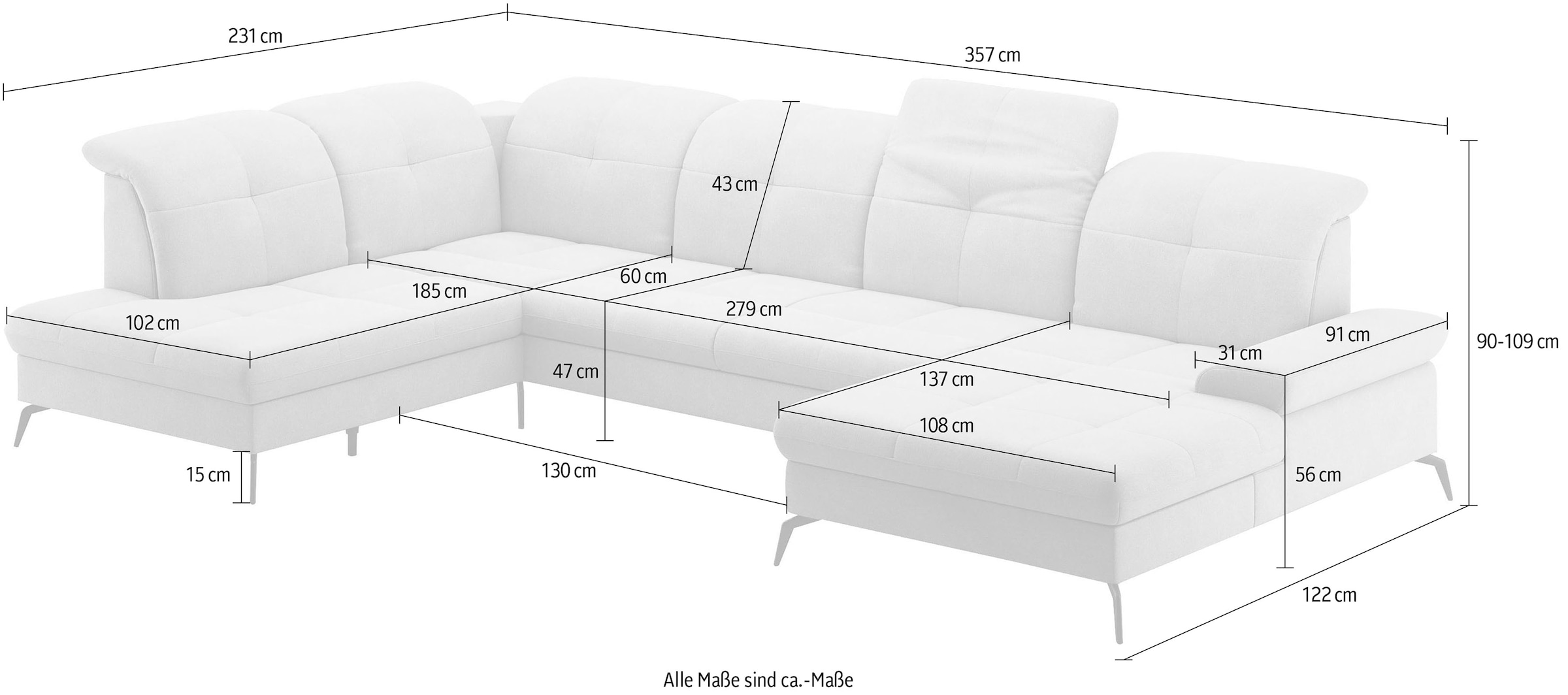 sit&more Wohnlandschaft »Amica, U-Form, inkl. Sitztiefenverstellung und Armteilverstellung«, wahlweise mit Kopfteilverstellung, Bettfunktion und Bettkasten