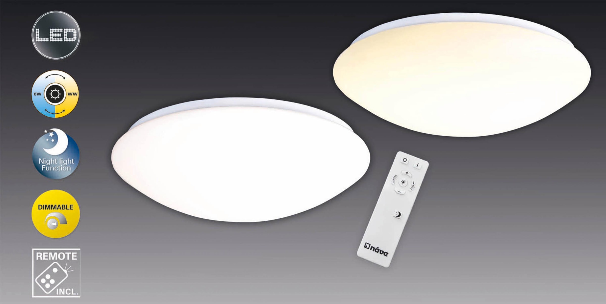 näve LED Deckenleuchte »Bern«, Leuchtmittel LED-Board | LED fest integriert, CCT,Nachlichtfunktion,dimmbar, Fernbedienung