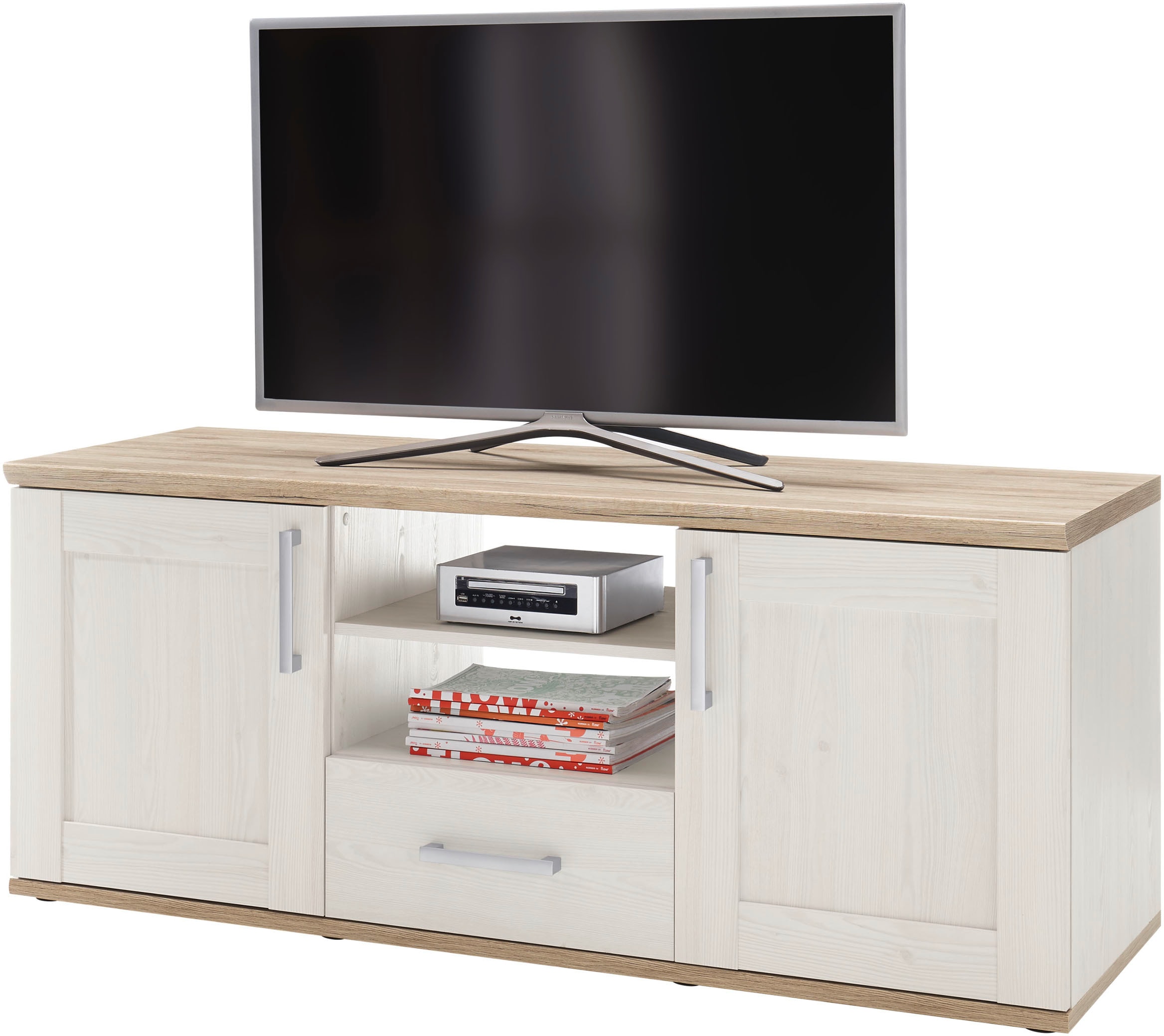 HBZ Lowboard »Romance Landhaustil, TV Möbel bis 55 Zoll, BxHxT 143x59x50 cm«, (1 St.), Mit 2 Türen, 2 offene Fächer, 1 Schubkasten