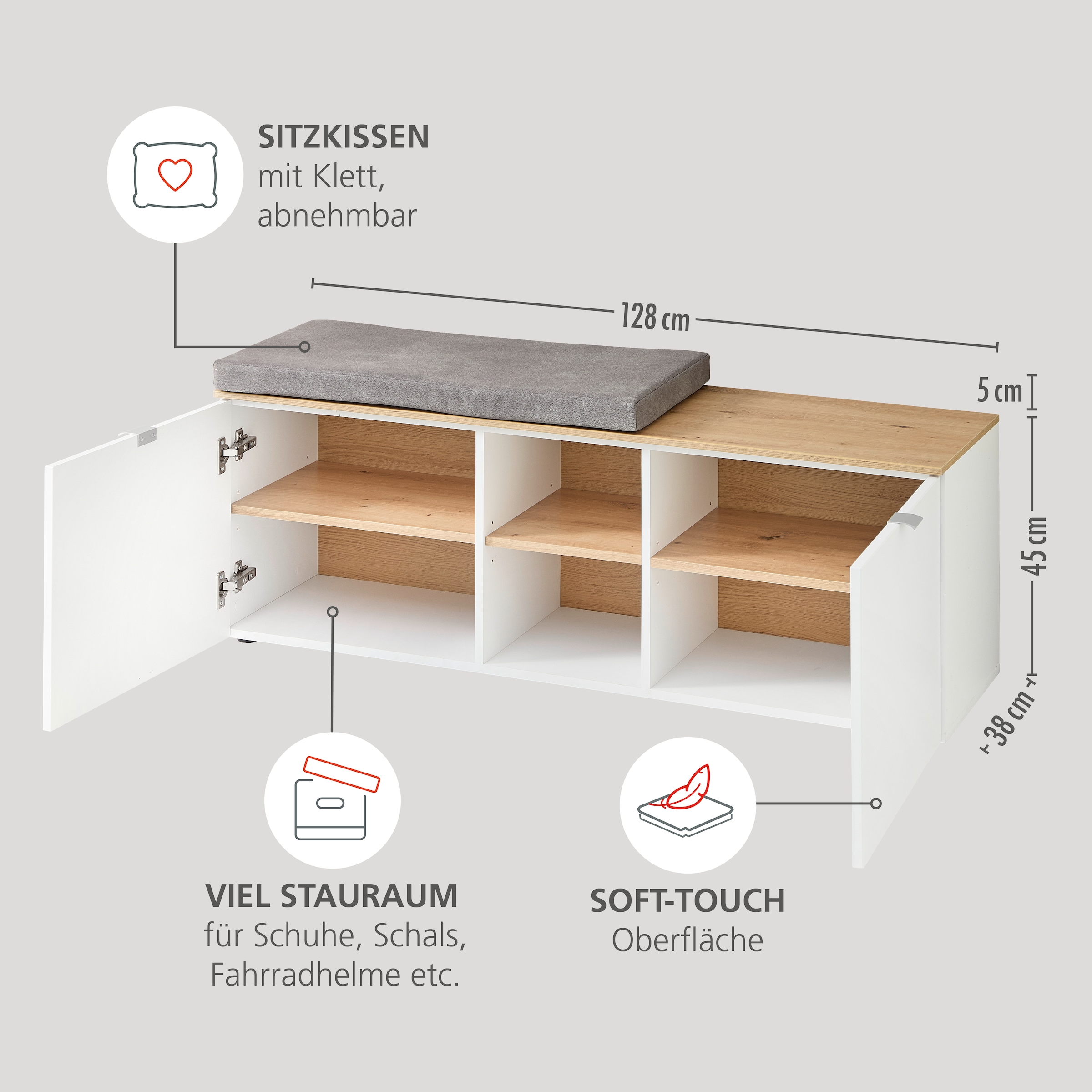 Innostyle Schuhschrank »Bari Schuhbank inkl. Sitzkissen, BxHxT 128x50x38 cm« 1 Stk. tlg. 2 türig, 6 Fächer, Softclose, ABS Kantenschutz
