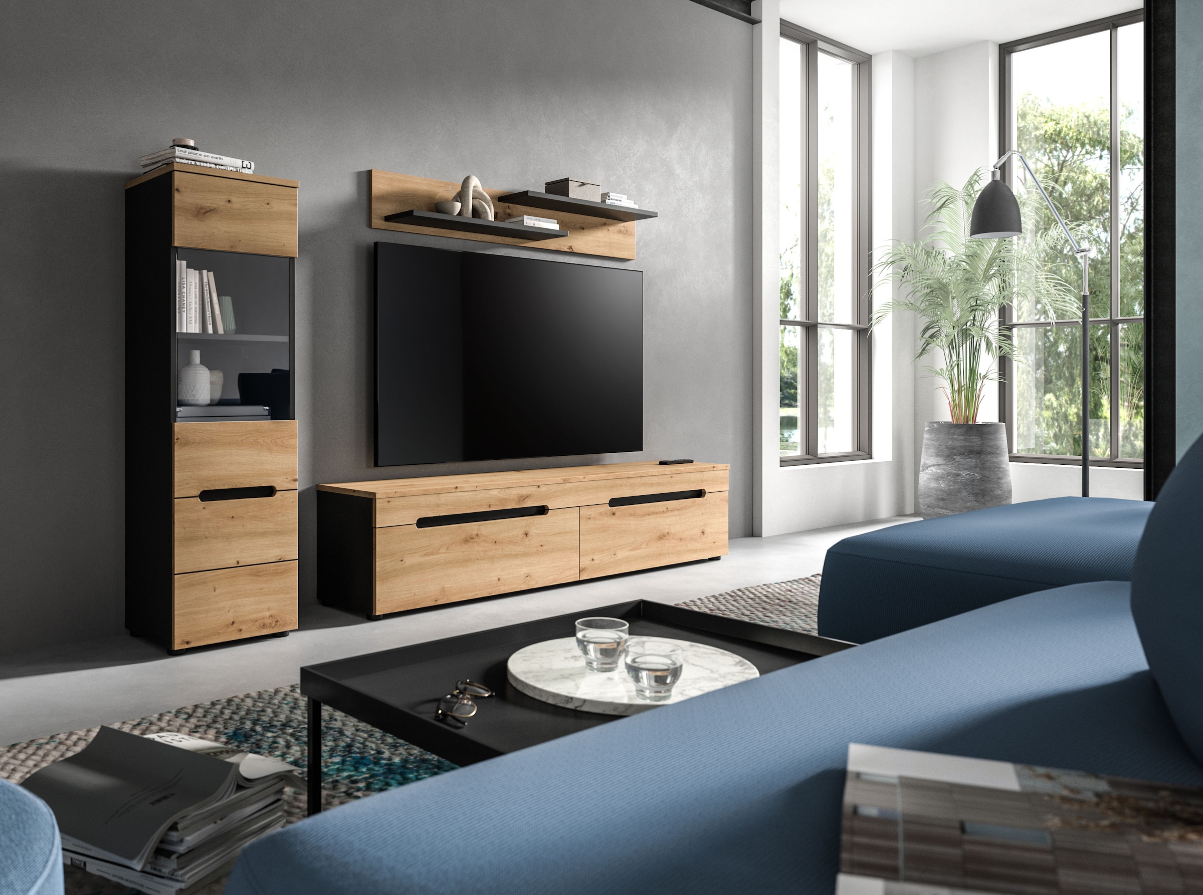 Home affaire Wohnwand »REHAT, TOPSELLER!, 3-teilig, wahlweise stehend und hängend montierbar« Set bestehend aus: Vitrine, Lowboard und Wandboard, 2 Stk. tlg.