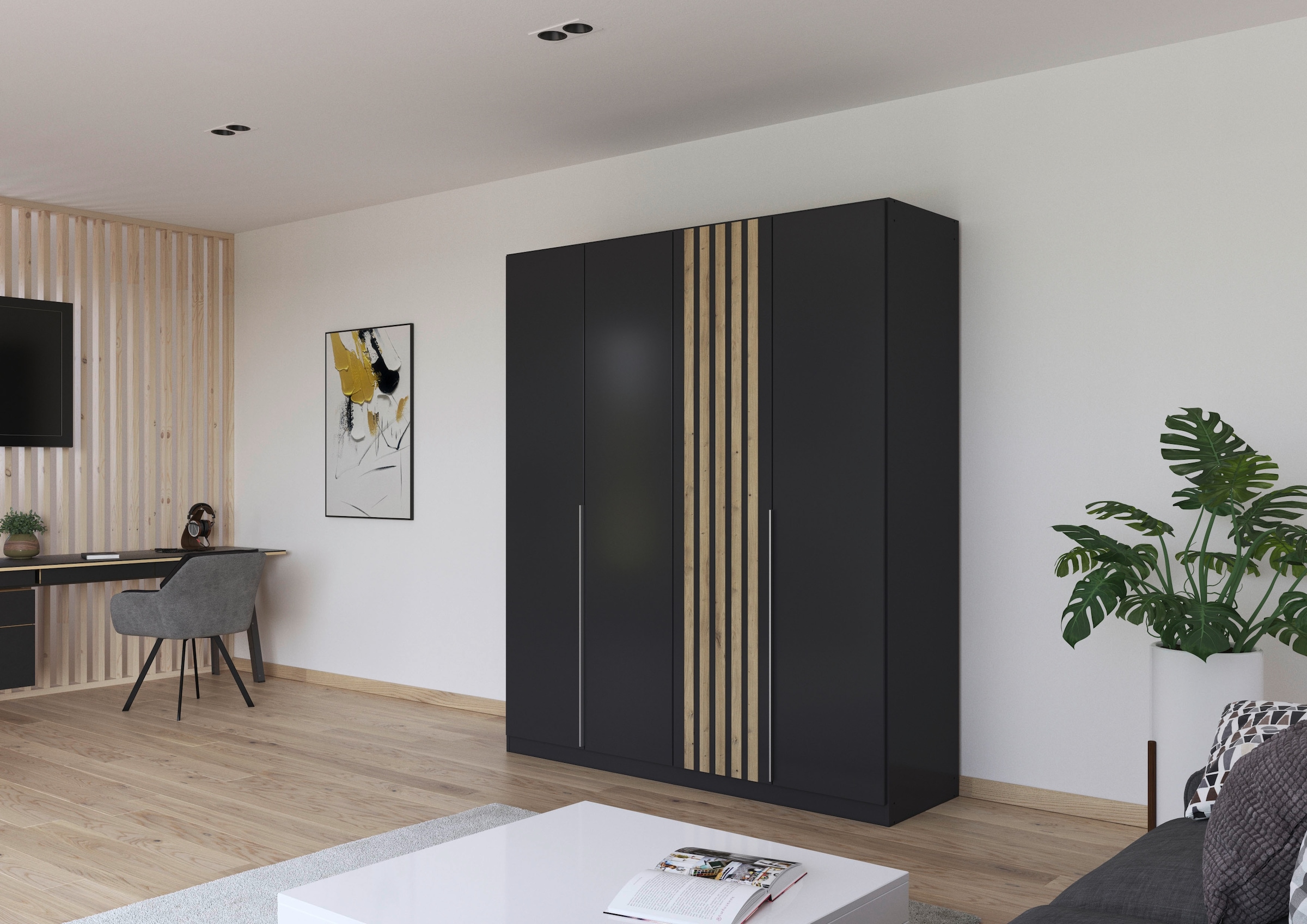 rauch Drehtürenschrank »Kleiderschrank Schrank Garderobe Breiten 181/226/271 cm LAMELLA« 3 verschiedene Ausstattungen BASIC/CLASSIC/PREMIUM (inkl. SOFT-CLOSE),  elegante Lamellen-Auflage in 3D Akustikpaneel Optik MADE IN GERMANY