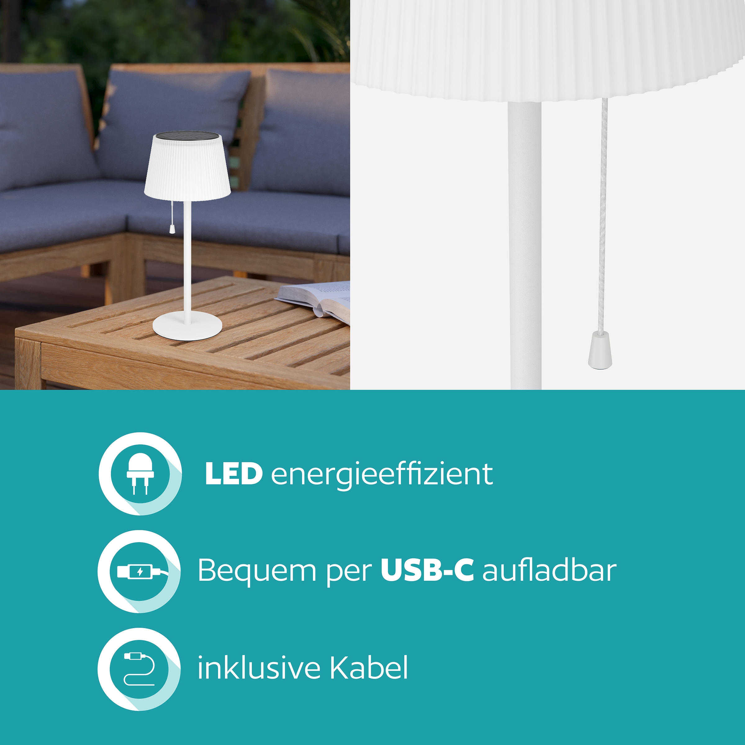 EGLO Tischleuchte »SCORDIANO Tischlampe - Stahl - SOLAR-LED - 2,3W - IP44« LED-Modul 1 Stk. Kaltweiß | Neutralweiß | Warmweiß Solarleuchte, Außentischleuchte, Akku, Leselampe, H38 x Ø13 cm