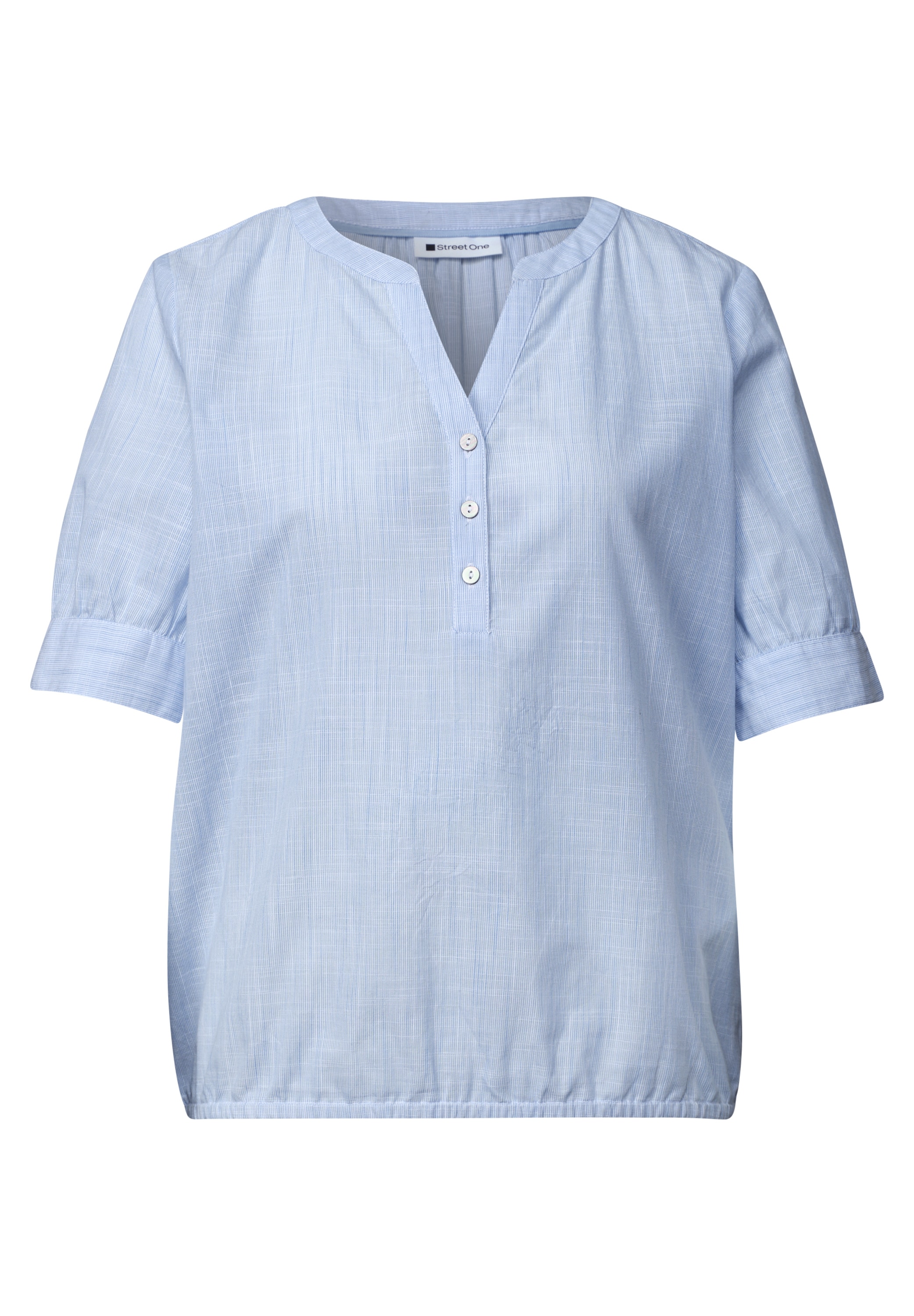 STREET ONE Kurzarmbluse Chambray Bluse mit Splitneck und Elastiksaum