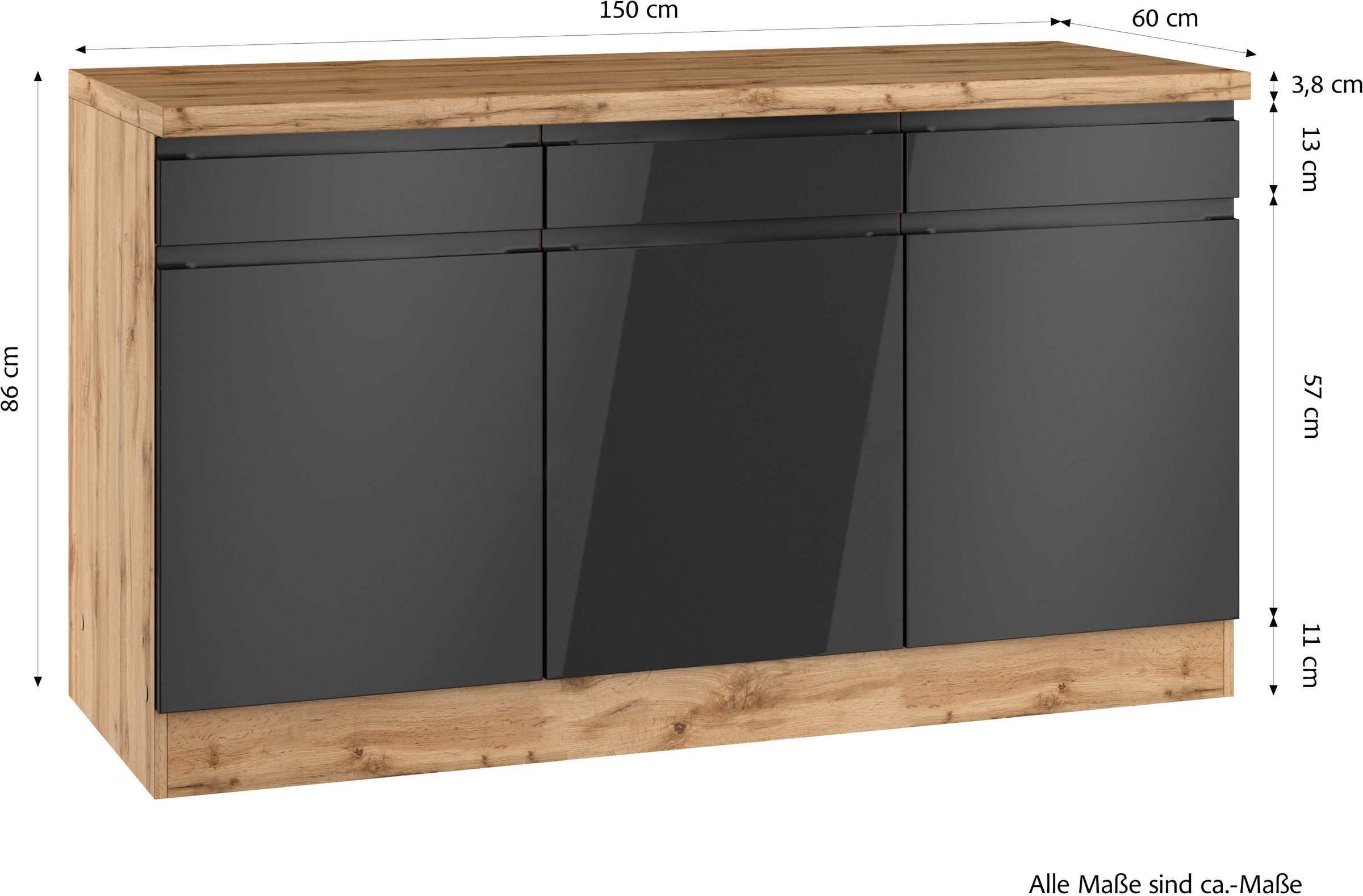 KOCHSTATION Unterschrank »KS-Virginia,neu in verbesserter Ausführung« Stauraum, Softclose,  Breite 150 cm, 3 Türen, Soft-Close-Funktion