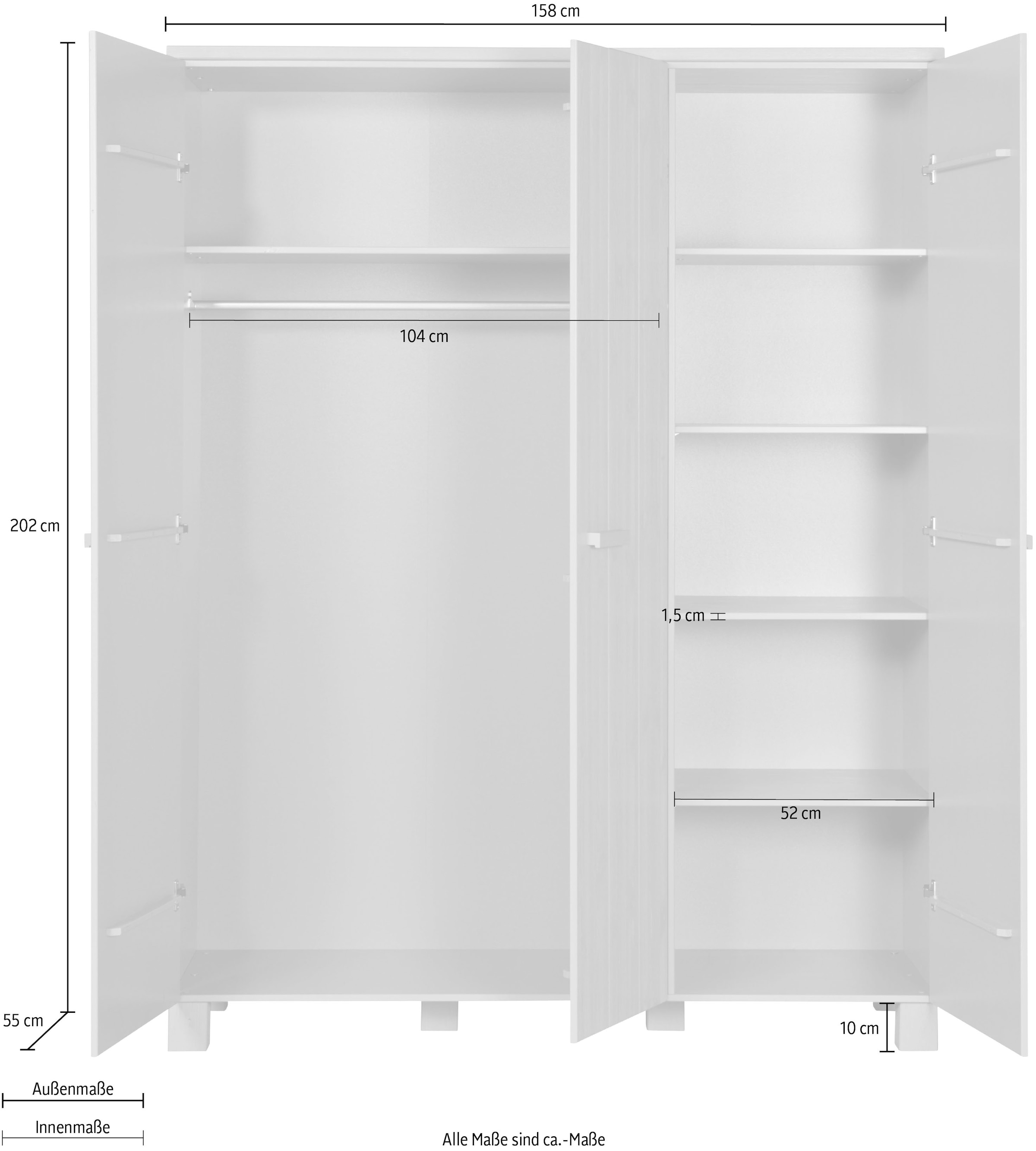 WOOOD Kleiderschrank »Dennis mit gebürsteter Oberfläche (3-türig)« FSC® Massivkiefer, gebürstet, Hang- und Legbereich