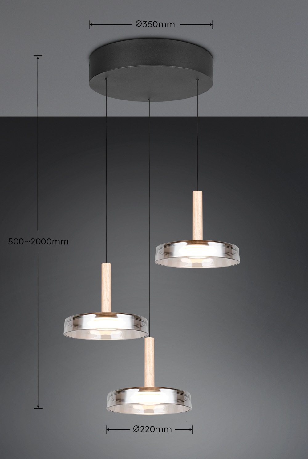 TRIO Leuchten LED Pendelleuchte »CELESTE dimmbare LED Hängelampe aus Metall Glas & Holz, 7,5W 750 Lumen« LED-Board 1 Stk. Warmweiß 3-flammig einfach höhenverstellbar von 50-200 cm 3-Stufen Dimmfunktion