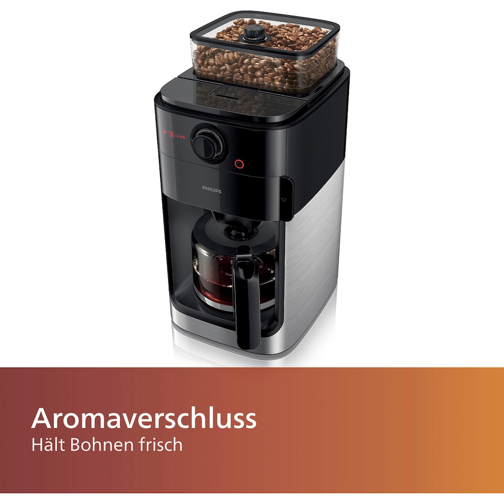 Philips Kaffeemaschine mit Mahlwerk »Grind & Brew HD7767/00«, 1,2 l Kaffeekanne, aromaversiegeltes Bohnenfach, edelstahl/schwarz