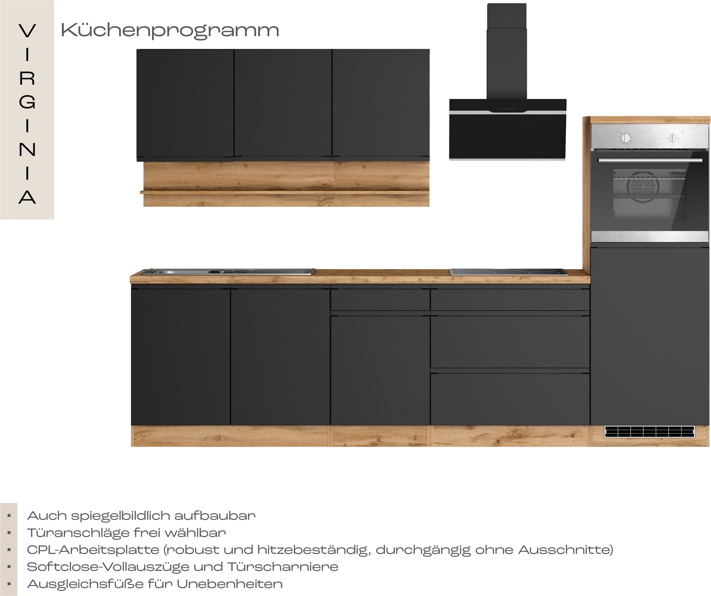 KOCHSTATION Küchenzeile »KS-Virginia,neu in verbesserter Ausführung« Arbeitsplatte 38 mm stark, Stauraum, Softclose,  Breite 290, Soft-Close-Funktion, ohne E-Geräte