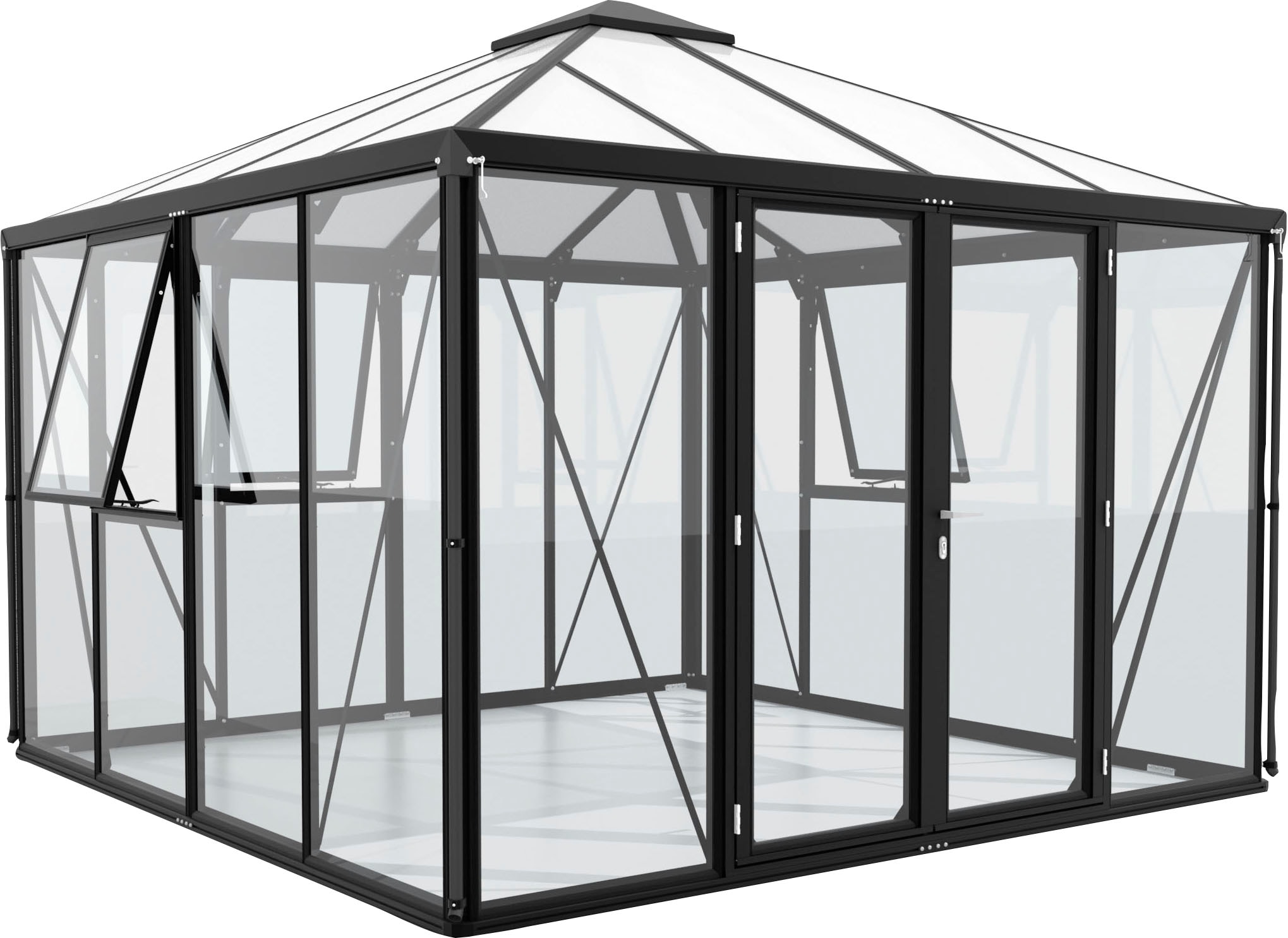 Gewächshaus »Minos ESG/HKP, schwarz«, mit Pavillondach, Wand 3 mm Glas, Dach 10 mm...