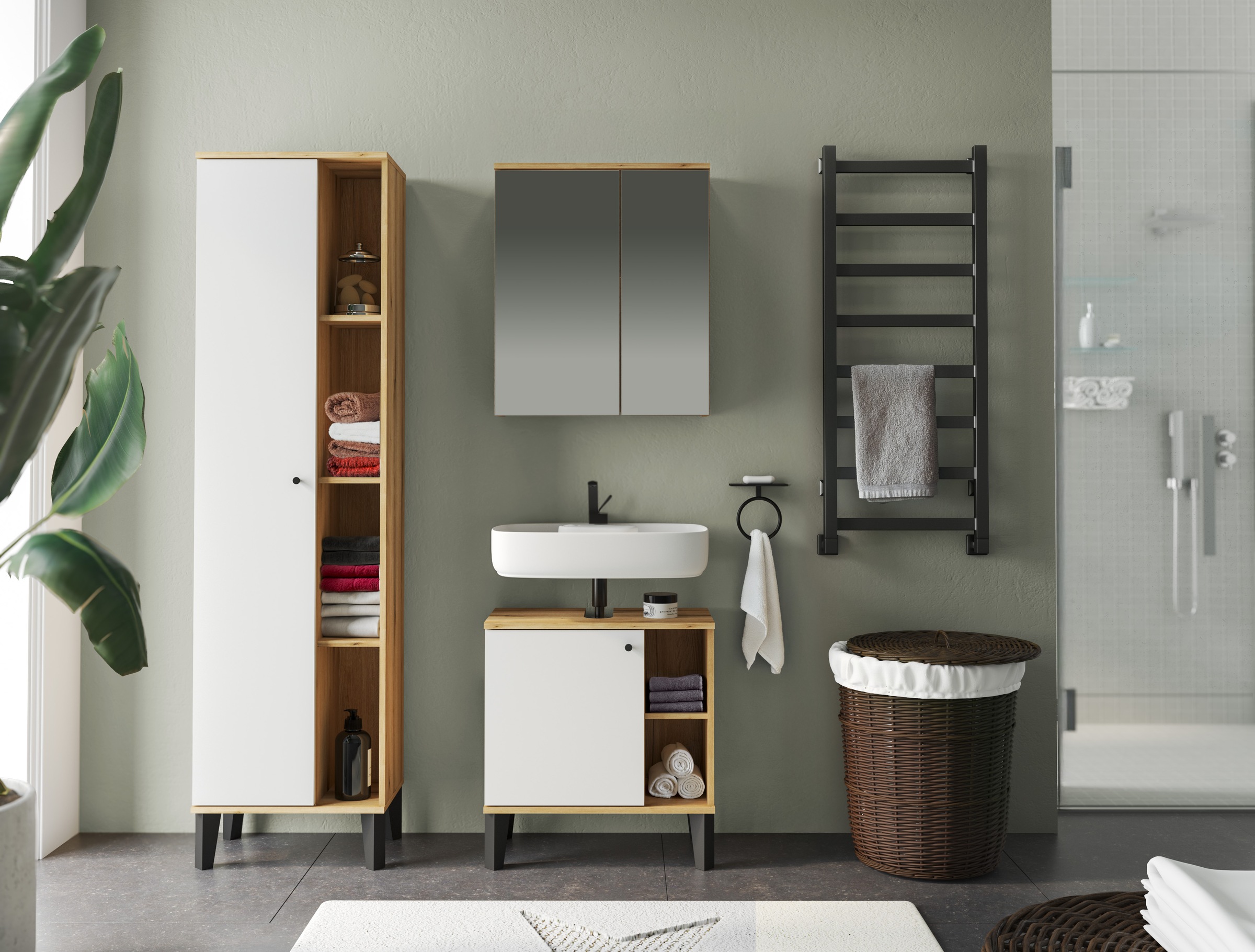 INOSIGN Badmöbel-Set »OSLO, Bad im skandinavischen Design, 3-teiliges Badezimmer«, (Set, 3 St.), Badschränke und Spiegel, in zwei Farben verfügbar, viel Stauraum