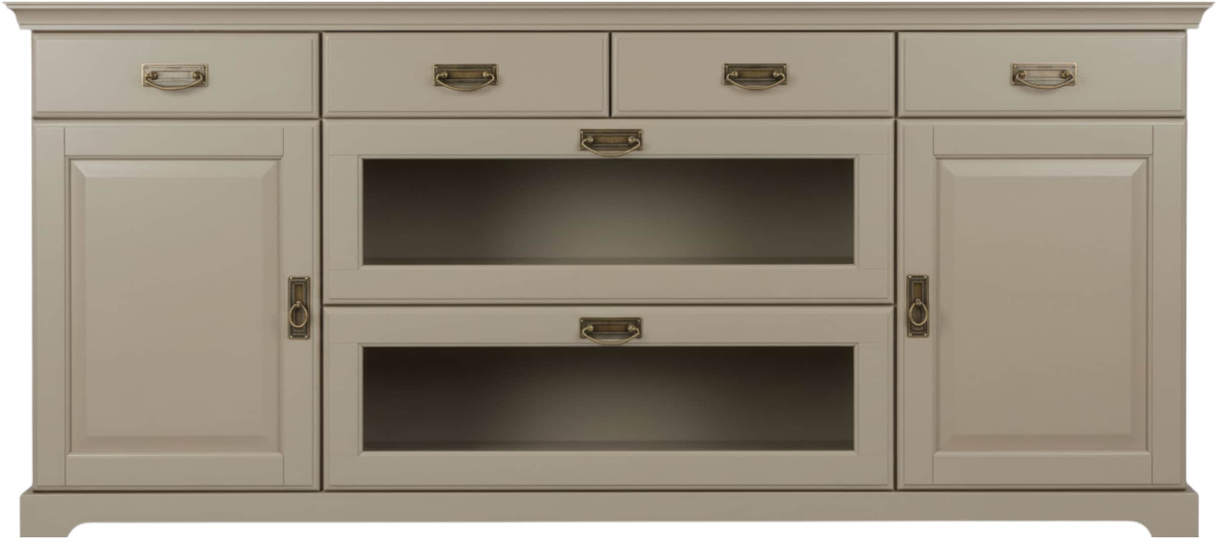 OTTO home Sideboard »Rügen Kommode mit 2 Türen, 6 Schubläden mit Metallringgriffe« aus massiver Kiefer, Schubladen mit Glaseinsatz, natürliche Maserung