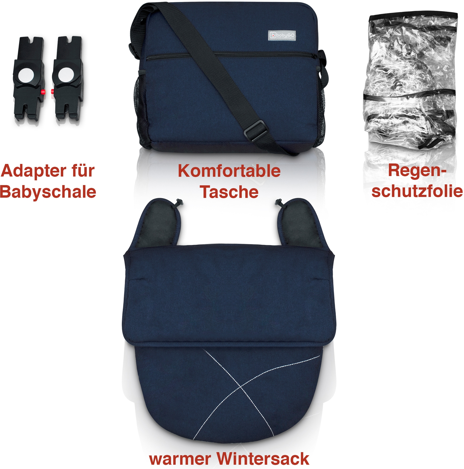 BabyGo Kombi-Kinderwagen »Halime 3in1, Blue Black«, inklusive Babywanne, Babyschale, Regenhaube & Wickeltasche