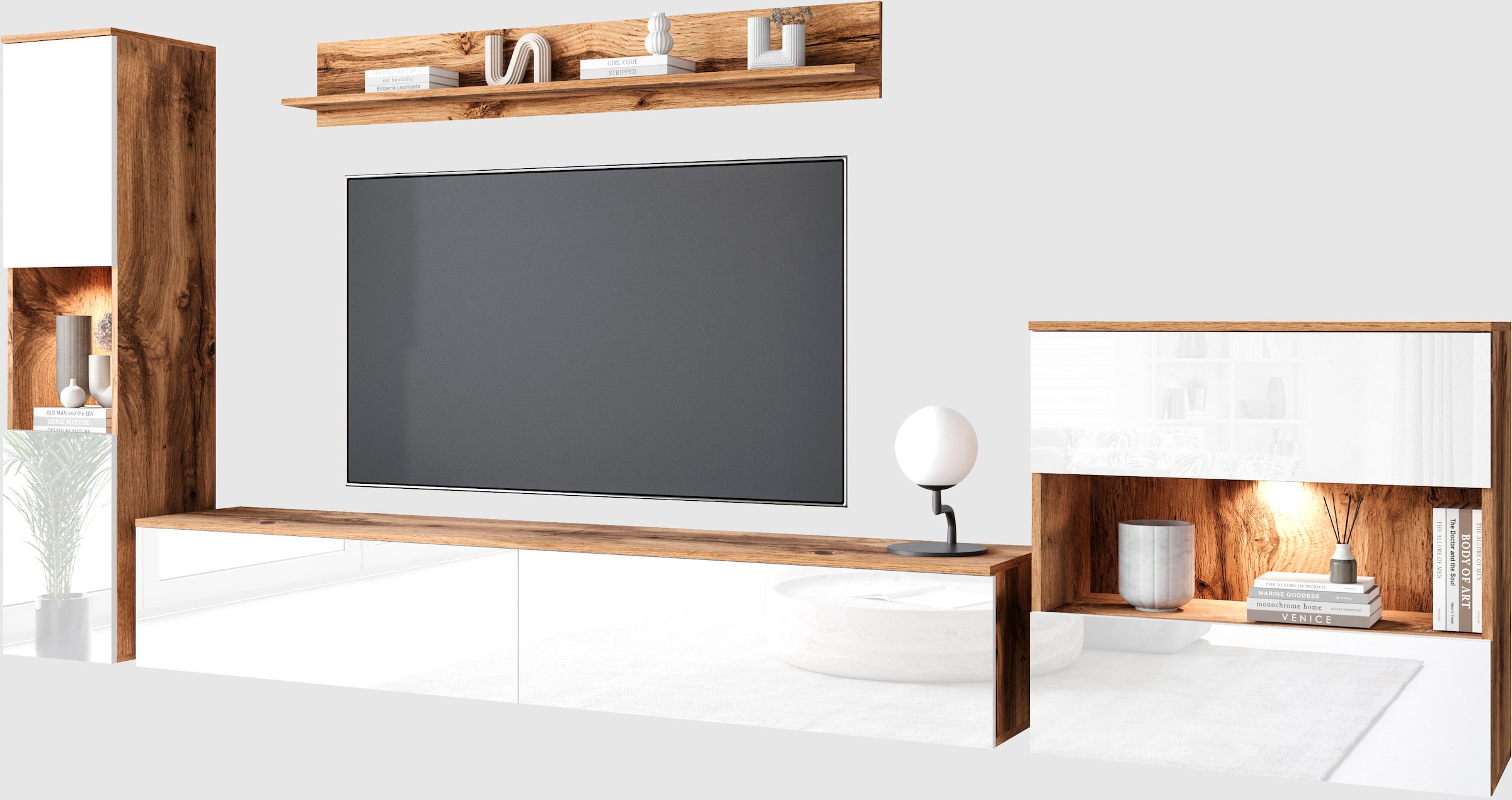 INOSIGN Wohnwand »PARIS«, (Komplett-Set, 4 St.), TV-Wand 300cm breite, grifflose Design, stehend und hängend montierbar