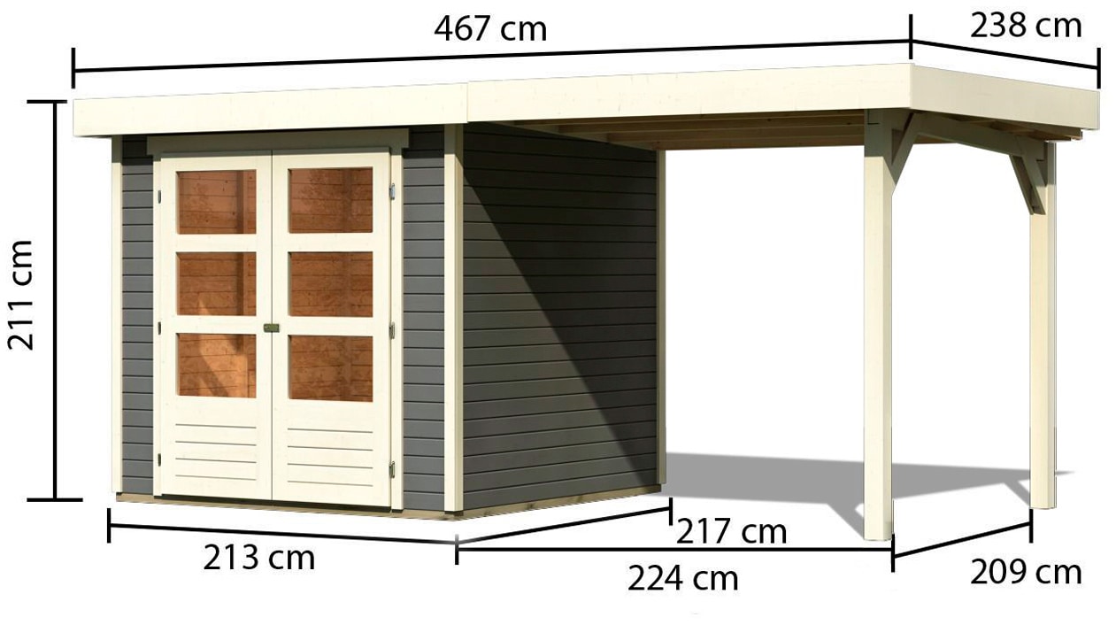Karibu Gartenhaus »Arnis« mit Anbaudach 2,40 m Breite, Made in Germany