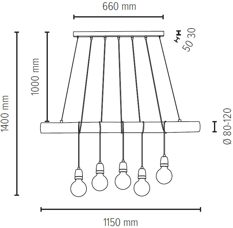 SPOT Light Pendelleuchte »TRABO PORCIA«, 5 flammig, Leuchtmittel E27 | Leuchtmittel wechselbar, Hängeleuchte, Holzbalken aus massivem Kiefernholz, Holz grau gebeizt