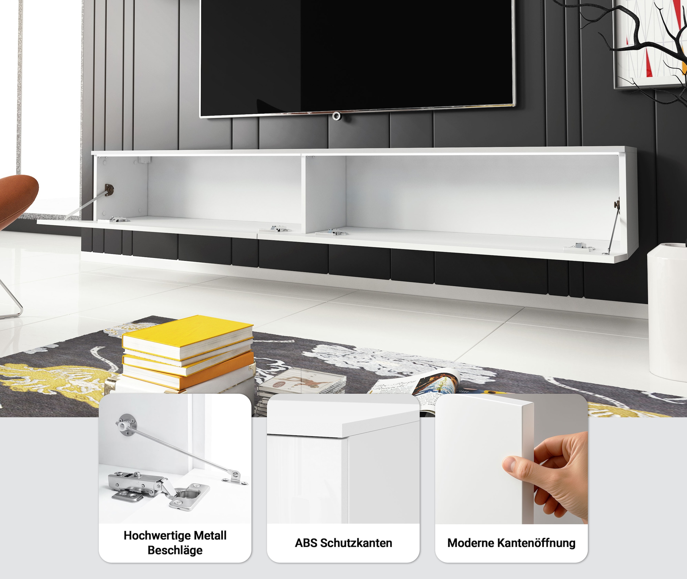 INOSIGN Lowboard »LOWBOARD VERA, wahlweise mit oder ohne Beleuchtung« Modernes griffloses TV-Board, 180 cm TV-Schrank, stehend und hängend