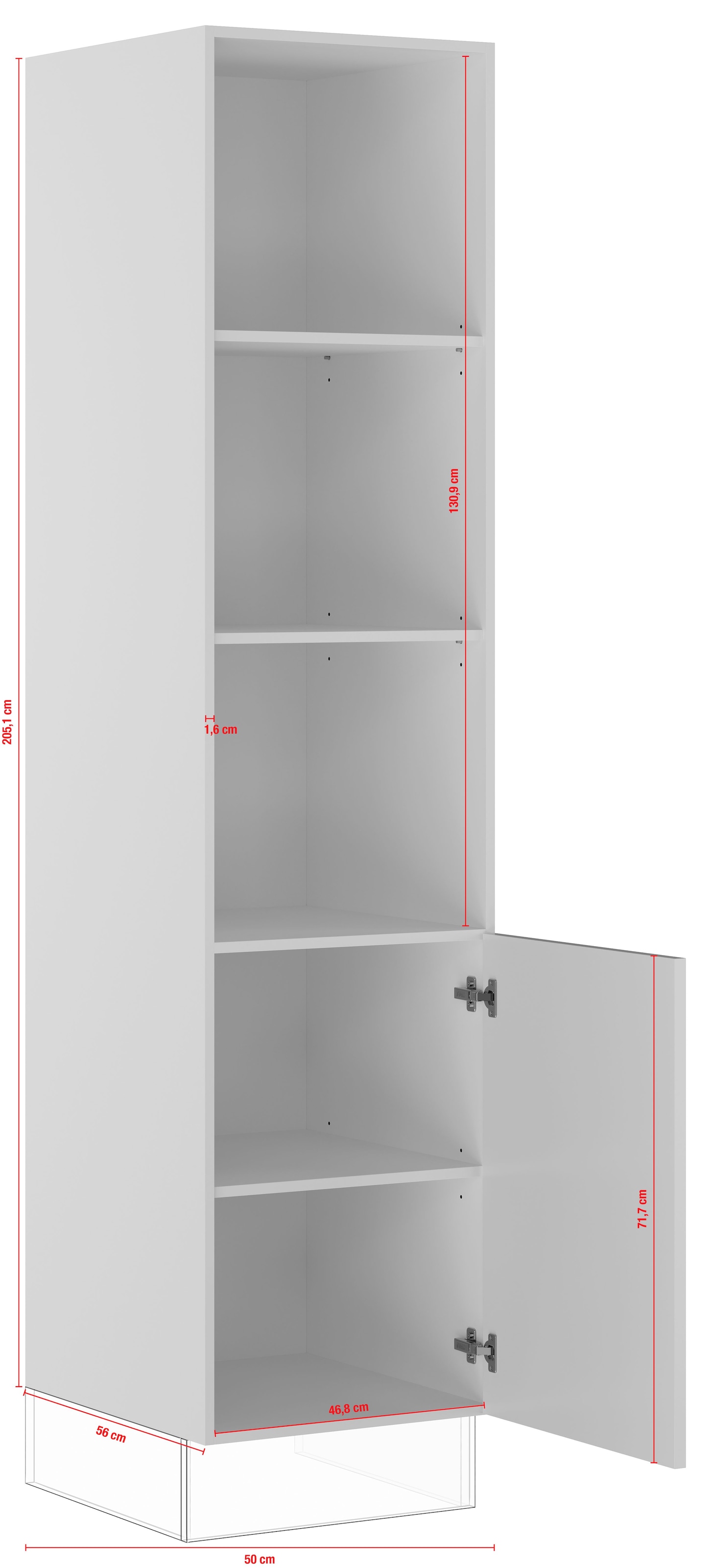 IMPULS KÜCHEN Seitenschrank »"Valencia", Breite/Höhe: 50/205,1 cm«, vormontiert, mit Drehtür, mit verstellbaren Fachböden