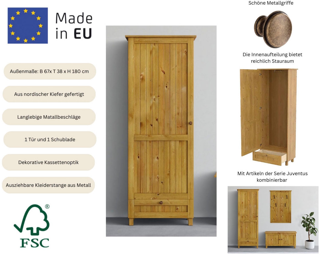 OTTO home Garderobenschrank »Juventus« 1 Stk. tlg. aus massiver Kiefer, Breite  67cm, mit Kleiderstange
