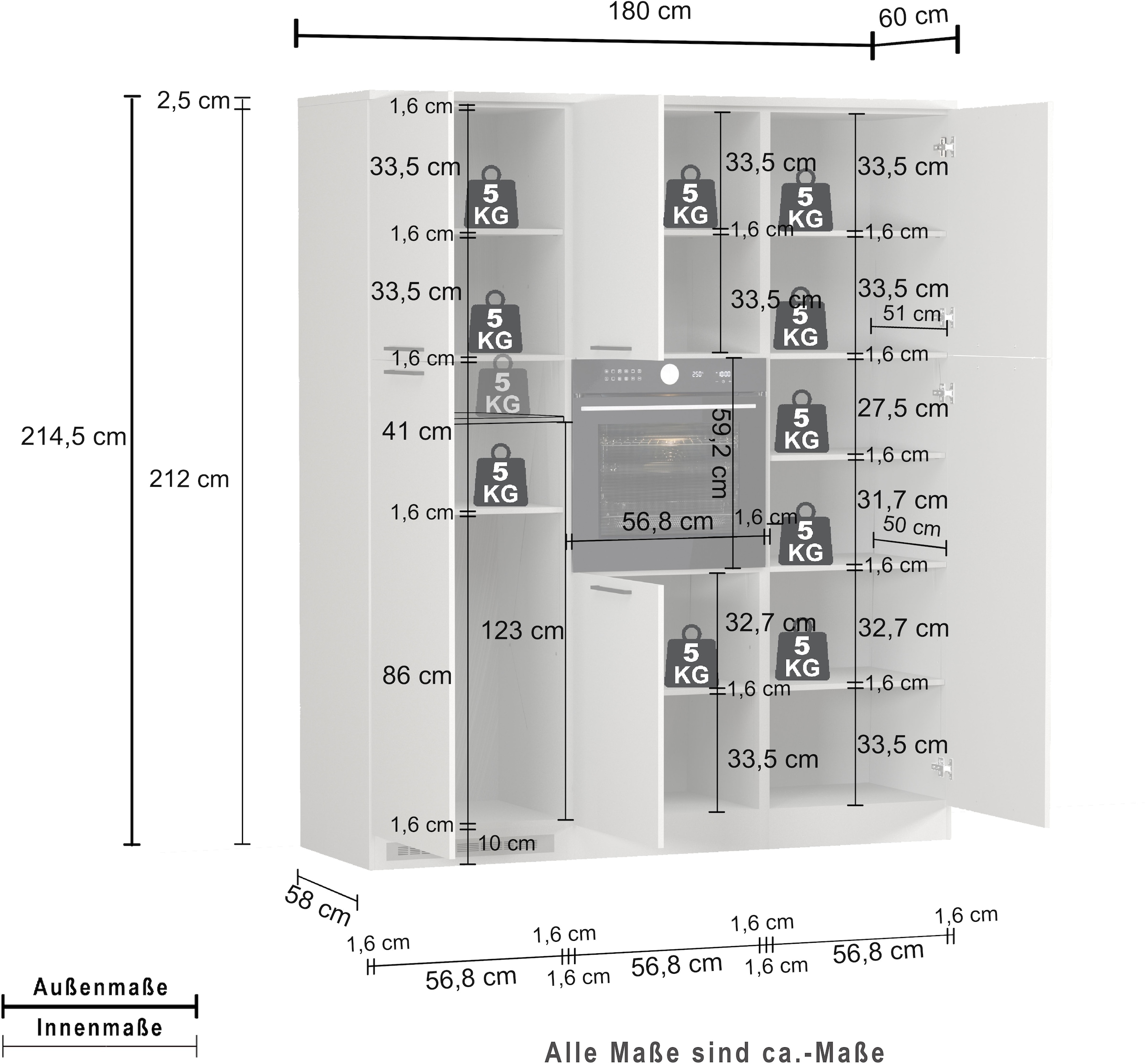 KOCHSTATION Küchenzeile »Luna, Küchenblock, Kücheninsel, Hängeschrank, Made in Italy« 3er-Set, Metallgriffe, Soft-Close-Funktion, inklusive Spüle