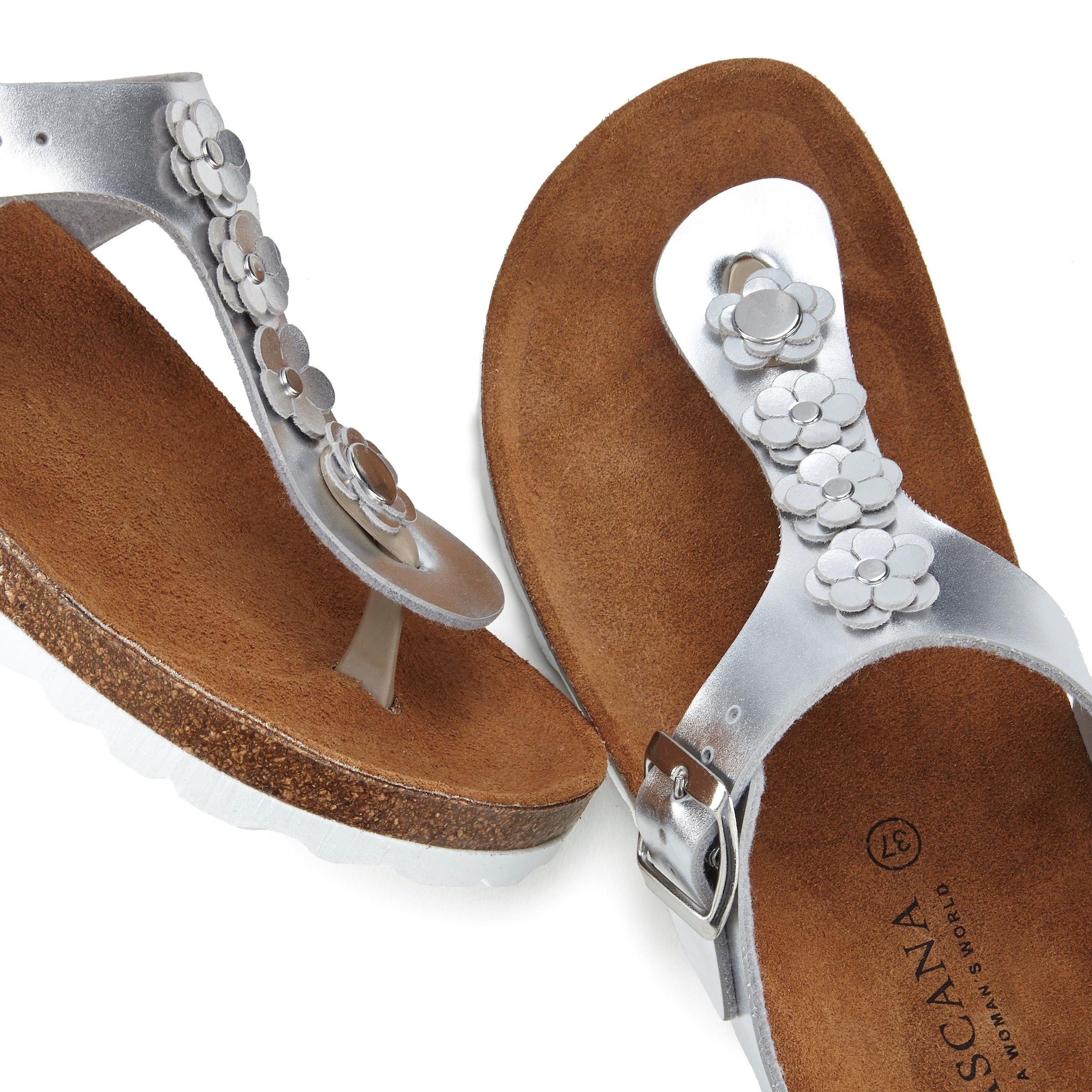 LASCANA Zehentrenner »Sandale, Pantolette, offener Schuh, Sommerschuh,«, mit modischer Applikation und Komfortkorkfußbett aus Leder