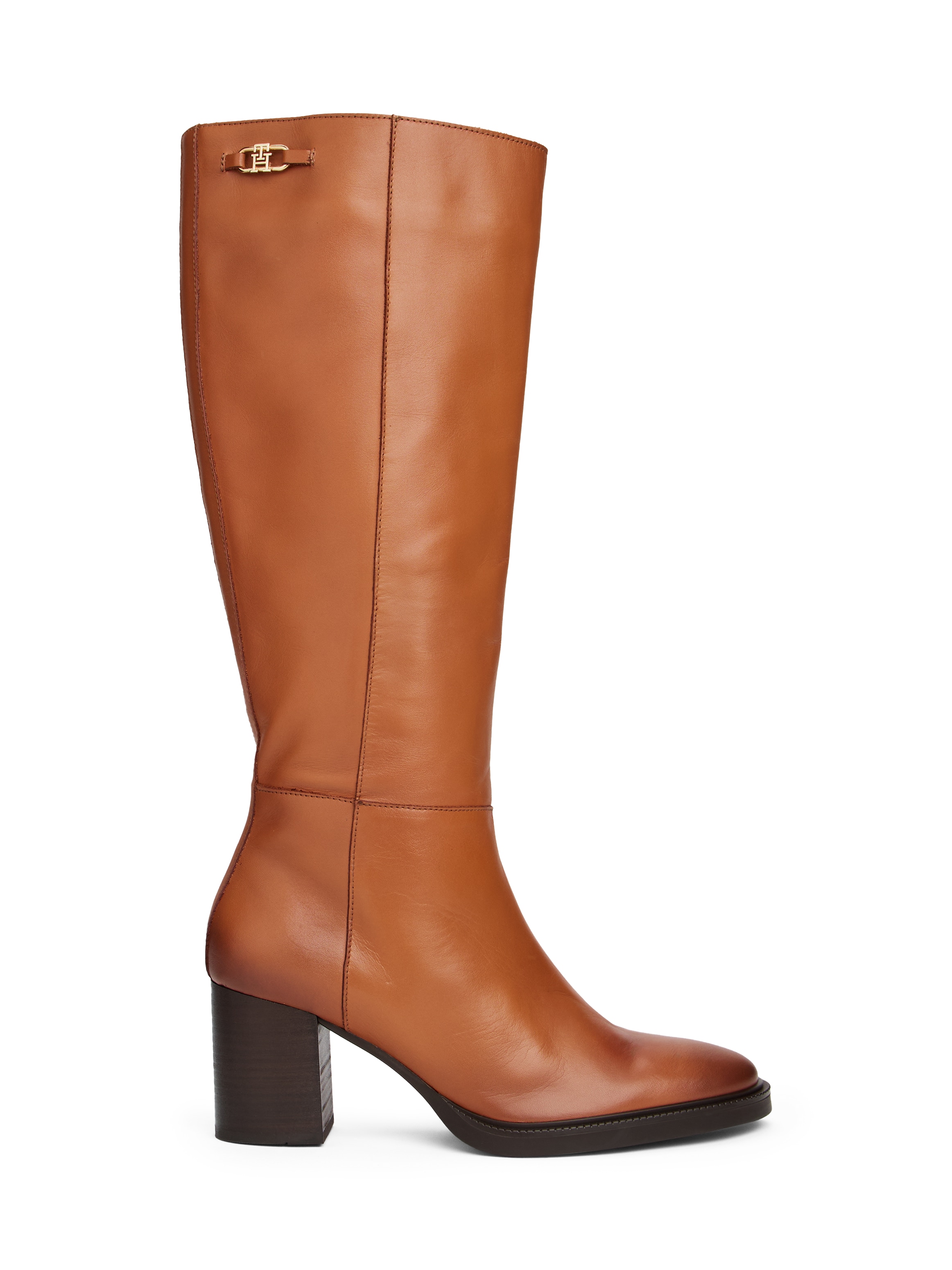 Tommy Hilfiger Stiefel »STACKED HEEL LEATHER LONG BOOT«, Blockabsatz, Langschaftstiefel mit goldfarbenem Logo-Schmuckelement
