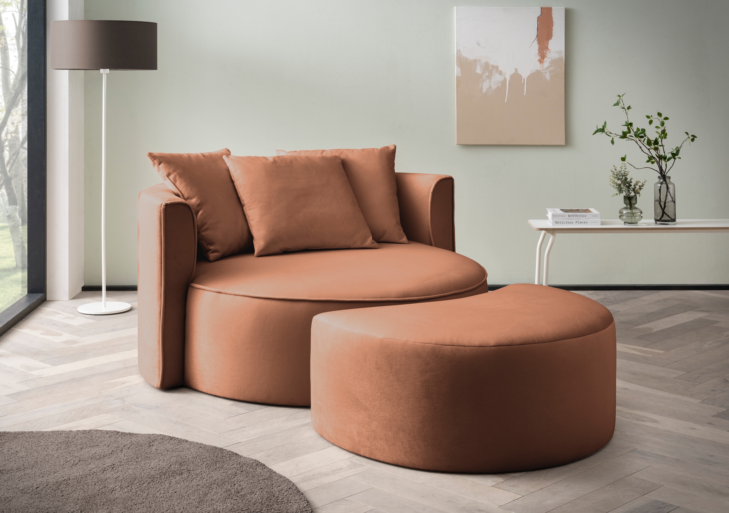 LeGer Home by Lena Gercke XXL-Sessel »Isalie, Rundsessel mit Hocker, Lesesessel, Loveseat, Big-Sessel«, (Set), trendige Stoffe, mit 3 Zierkissen, große Sitzfläche