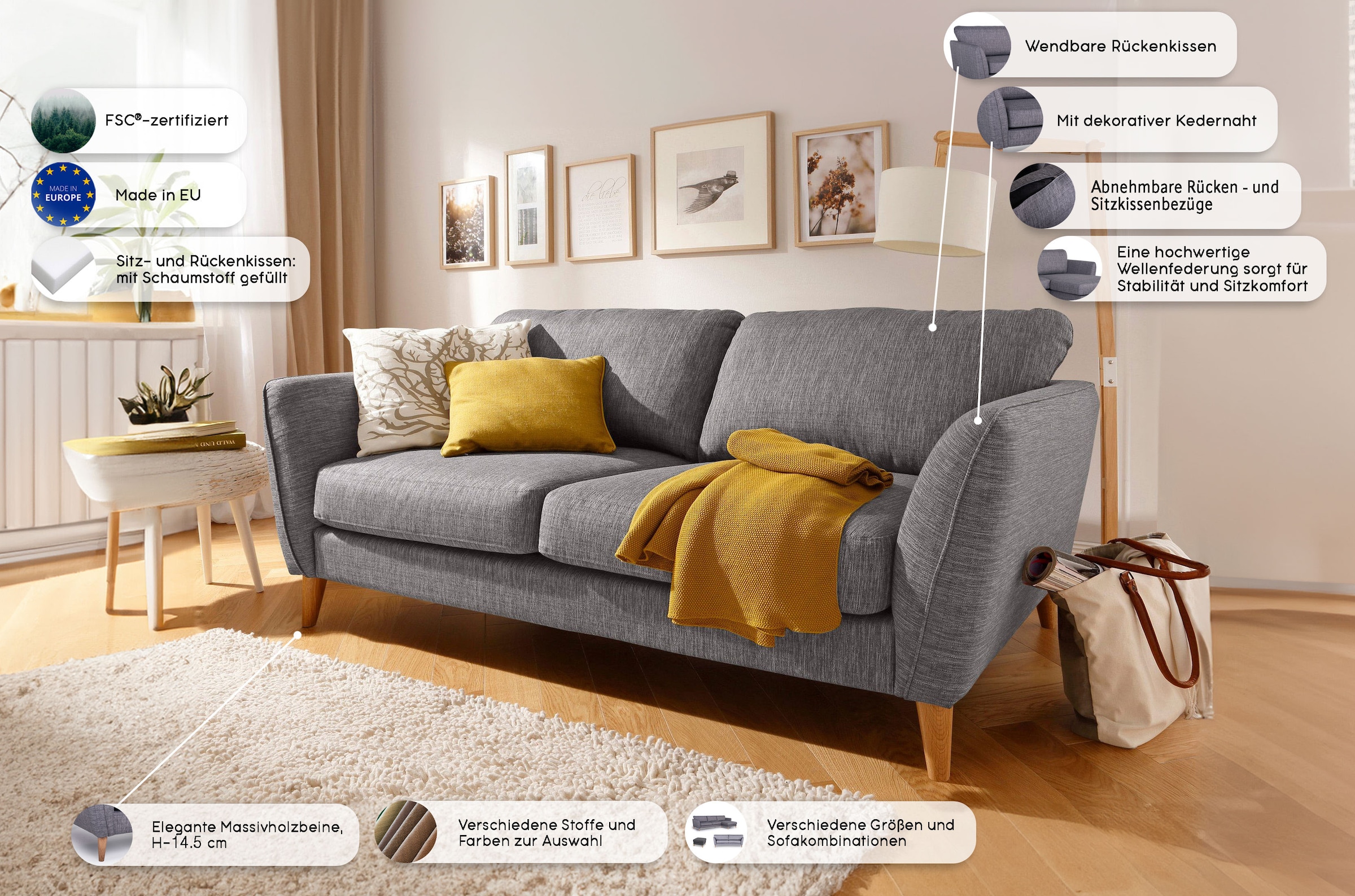 Home affaire 2-Sitzer »MARSEILLE Kompaktsofa 170 cm, Cord, Flachgewebe, Struktur, Webstoff« Massivholzbeine Eiche, Landhausstil, Wellenunterfederung